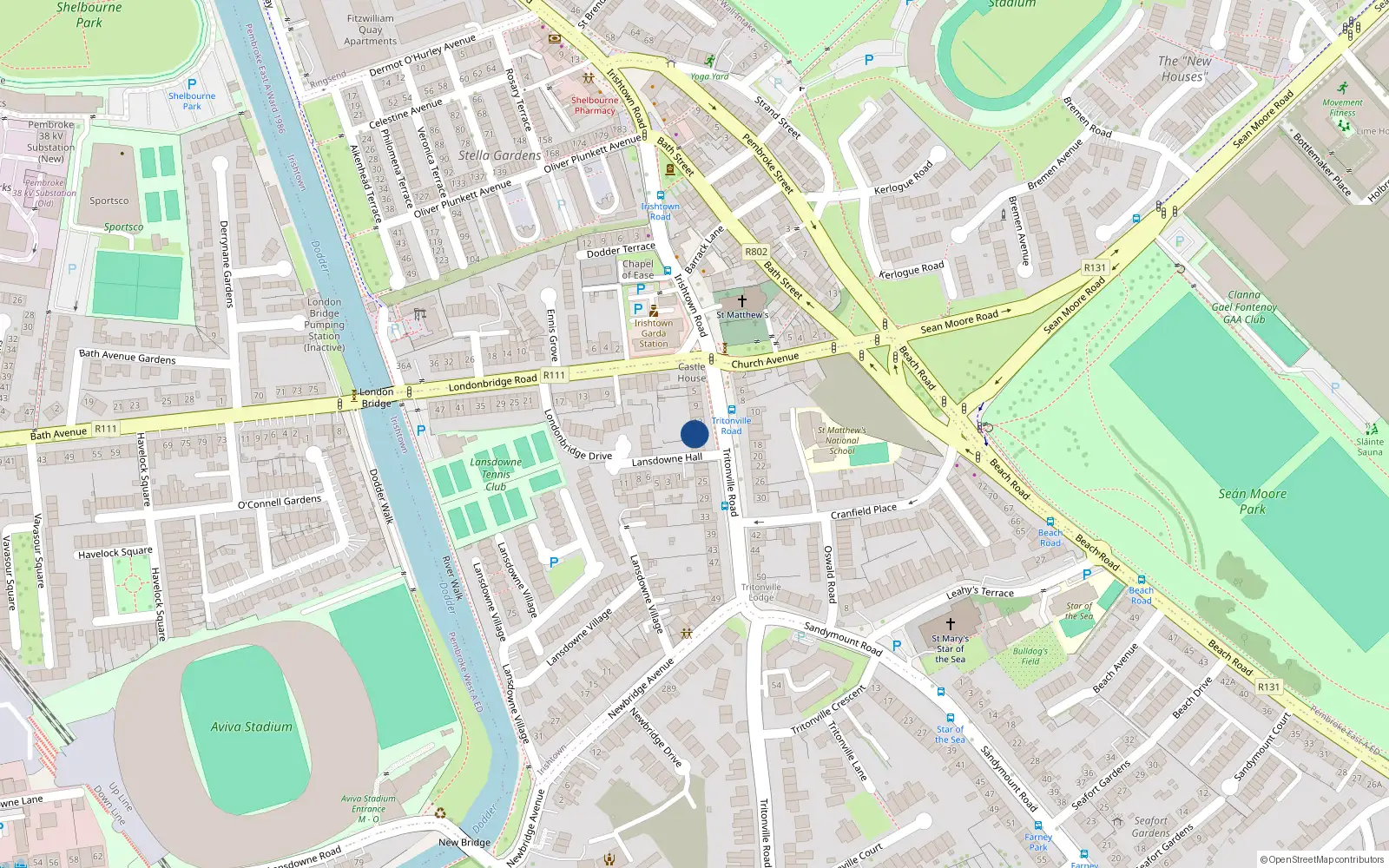 Overhead map showing the location of 15 Tritonville Road, Irishtown