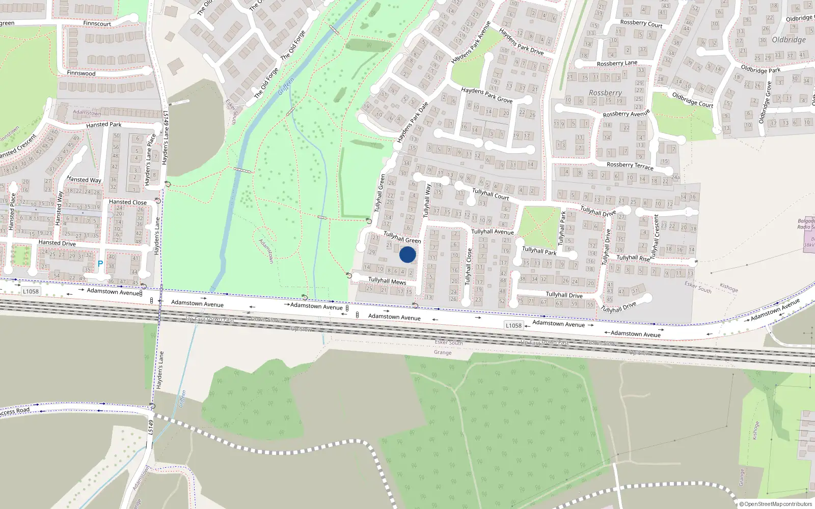 Overhead map showing the location of 15 Tullyhall Green, Lucan, Dublin