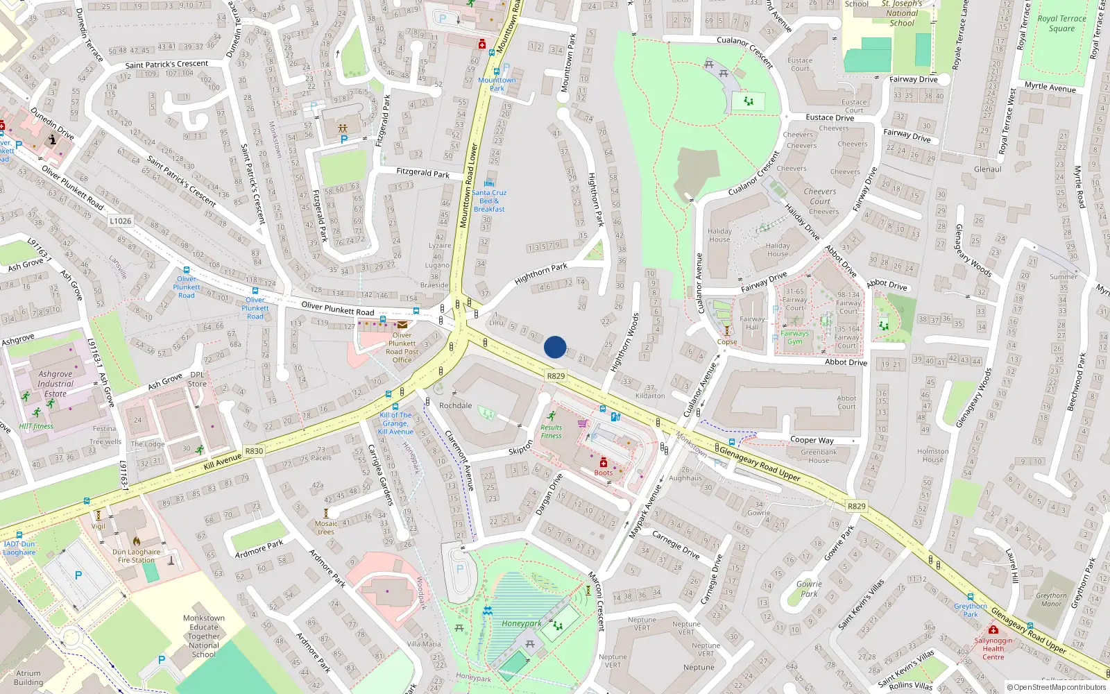 Overhead map showing the location of 15 Upper Glenageary Road, Glenageary, Dun Laoghaire