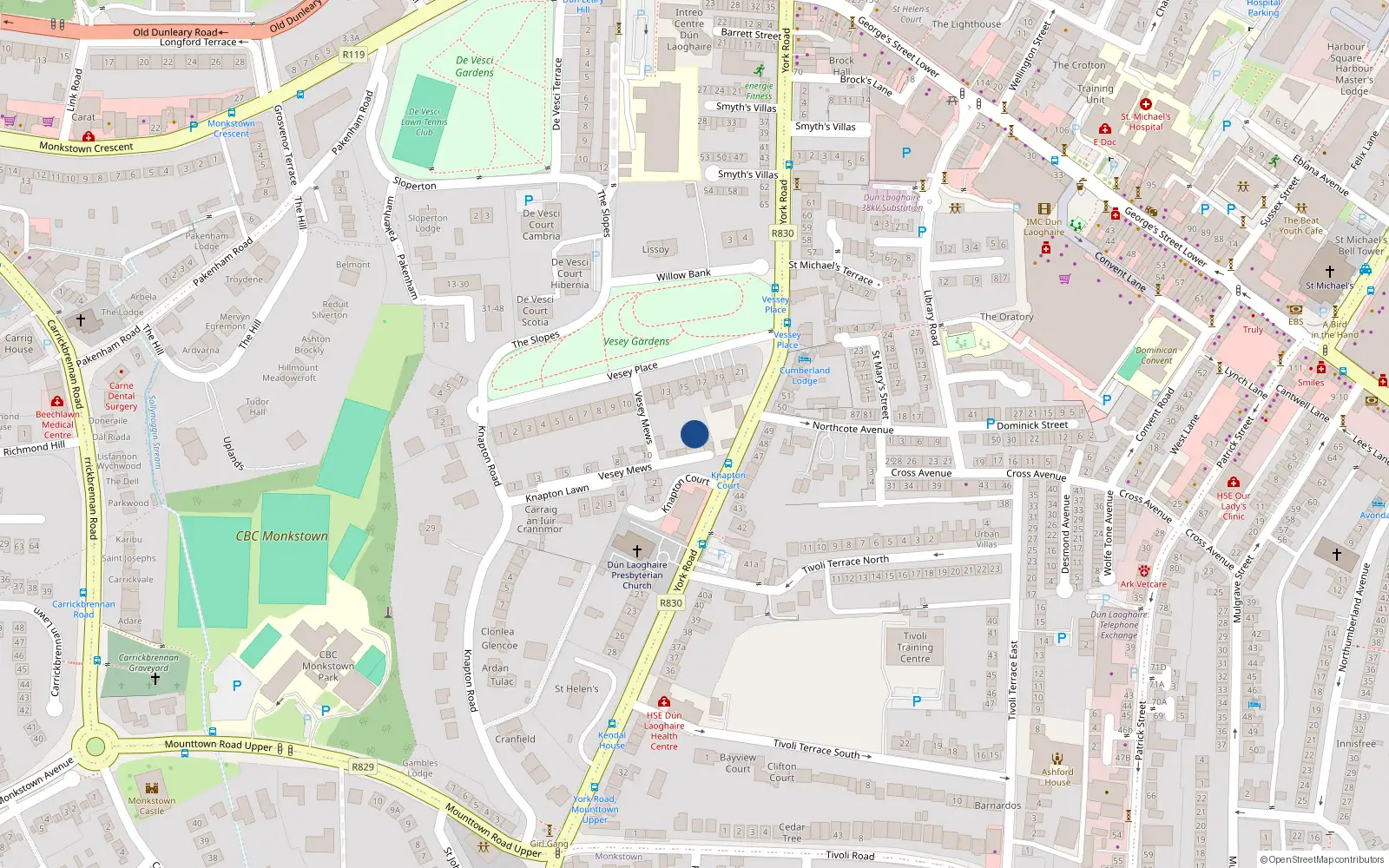 Overhead map showing the location of 15 Vesey Mews, Dun Laoghaire, Dublin