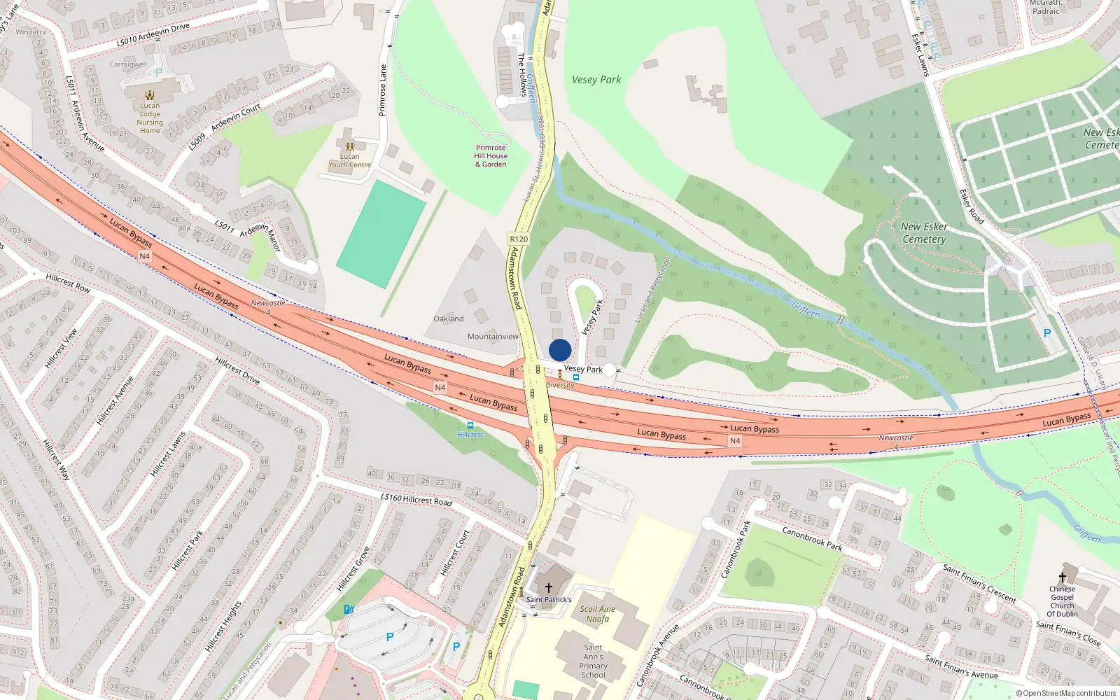 Overhead map showing the location of 15 Vesey Park, Lucan, Dublin