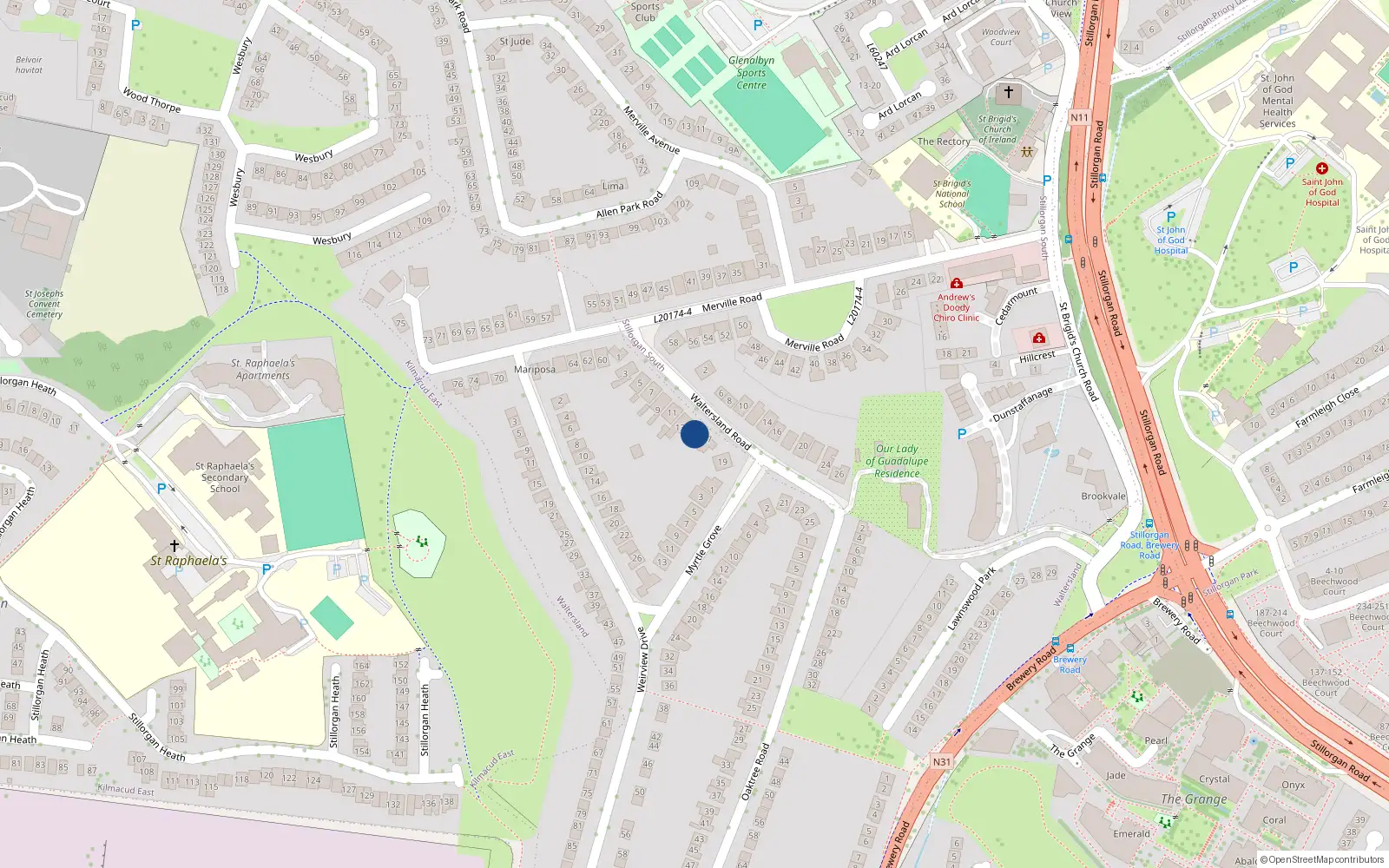 Overhead map showing the location of 15 Waltersland Road, Stillorgan