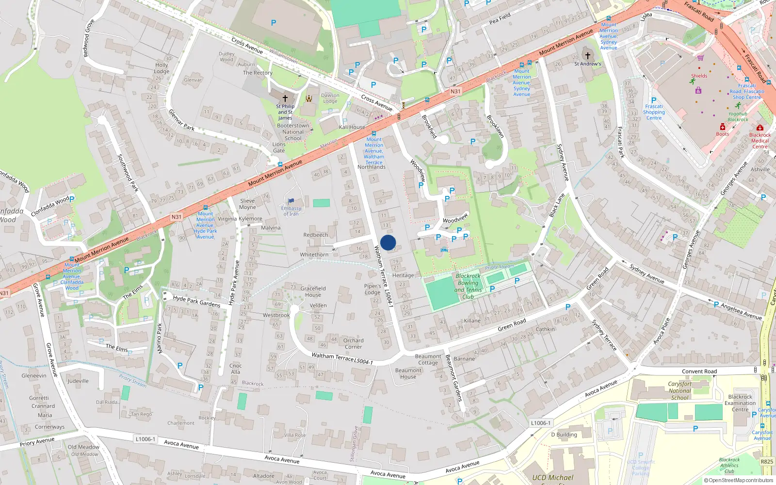 Overhead map showing the location of 15 Waltham Terrace, Blackrock, Dublin