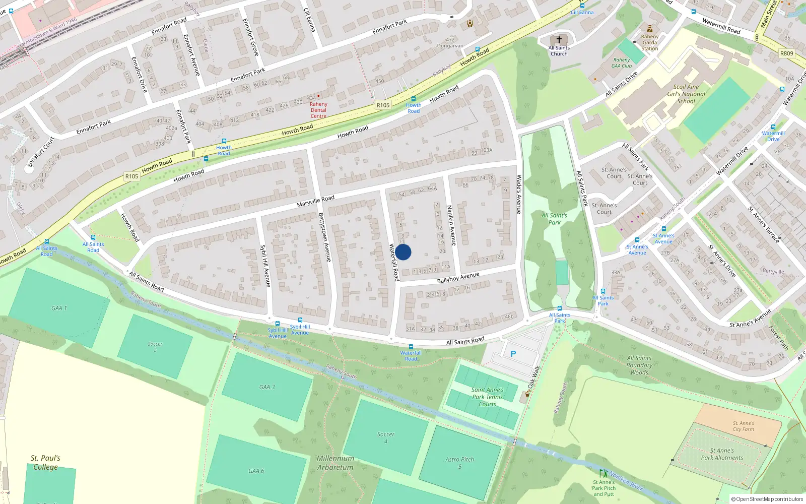 Overhead map showing the location of 15 Waterfall Road, Dublin 5