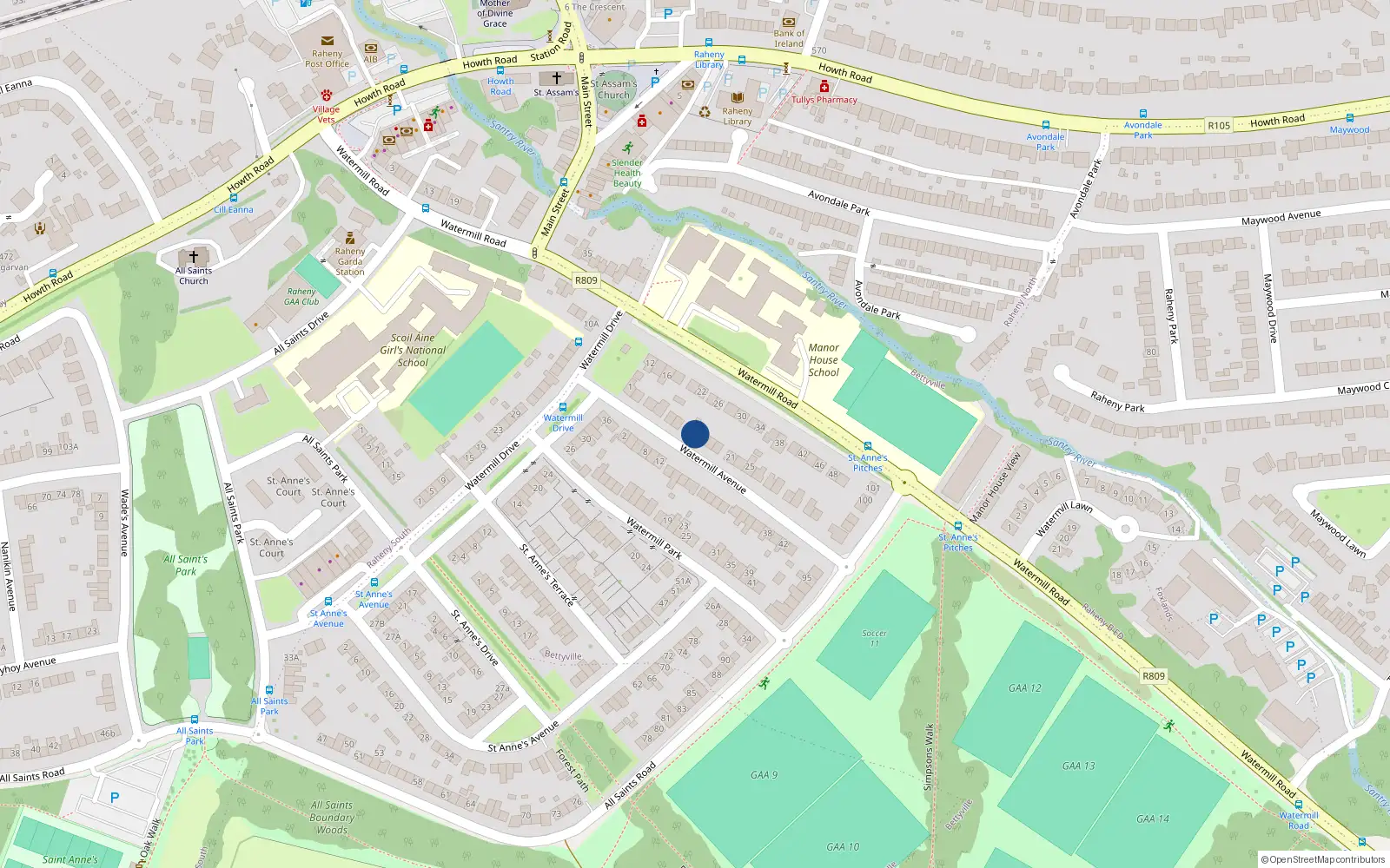 Overhead map showing the location of 15 Watermill Avenue, Raheny, Dublin 5