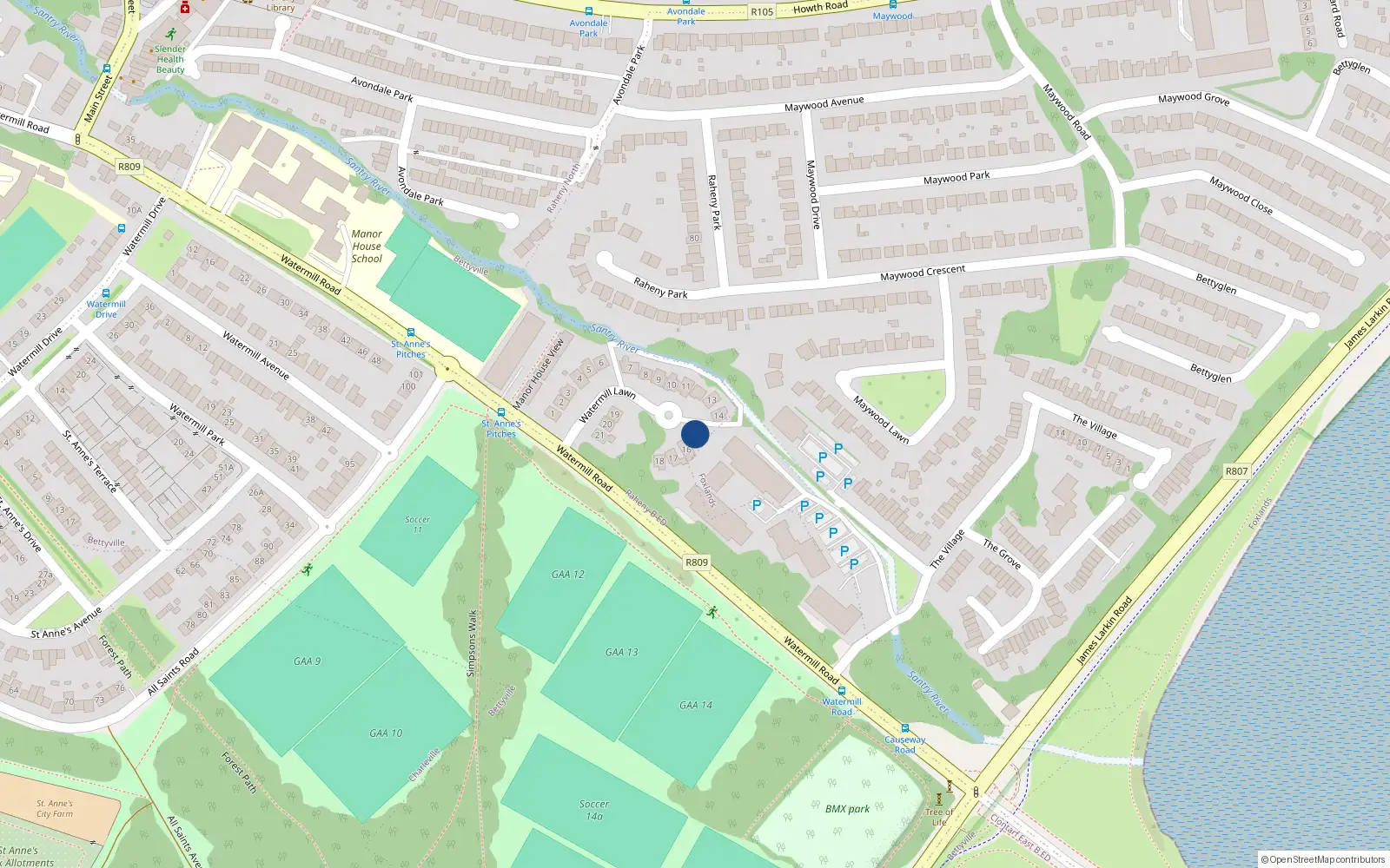 Overhead map showing the location of 15 Watermill Lawn, Watermill, Raheny Dublin 5