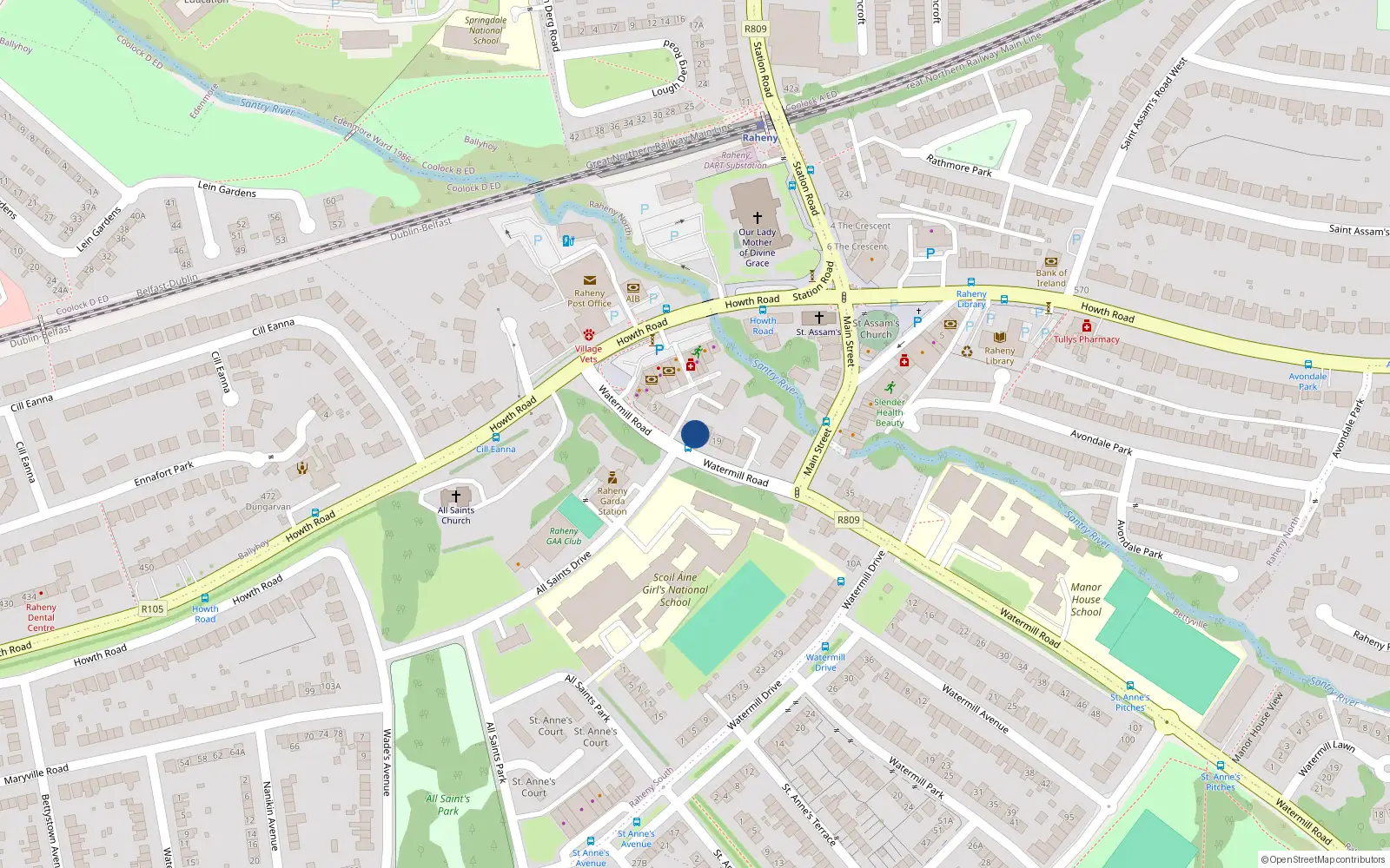 Overhead map showing the location of 15 Watermill Road, Raheny, Dublin 5
