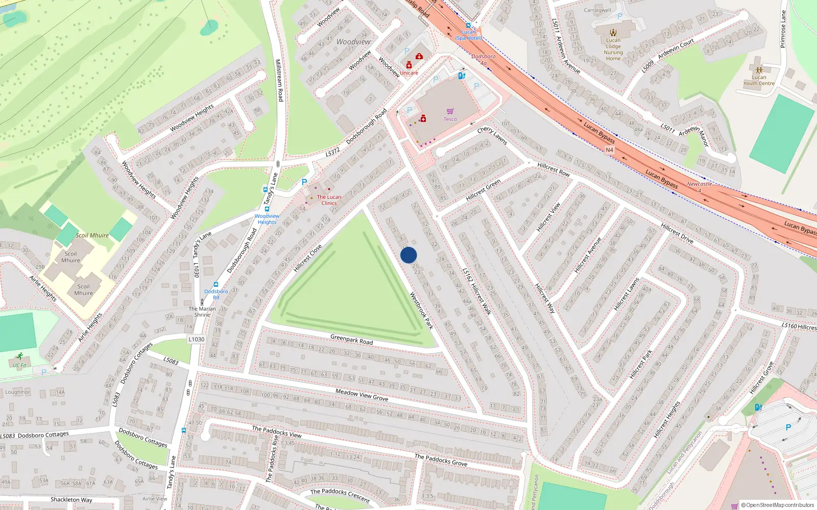 Overhead map showing the location of 15 Westbrook Park, Lucan