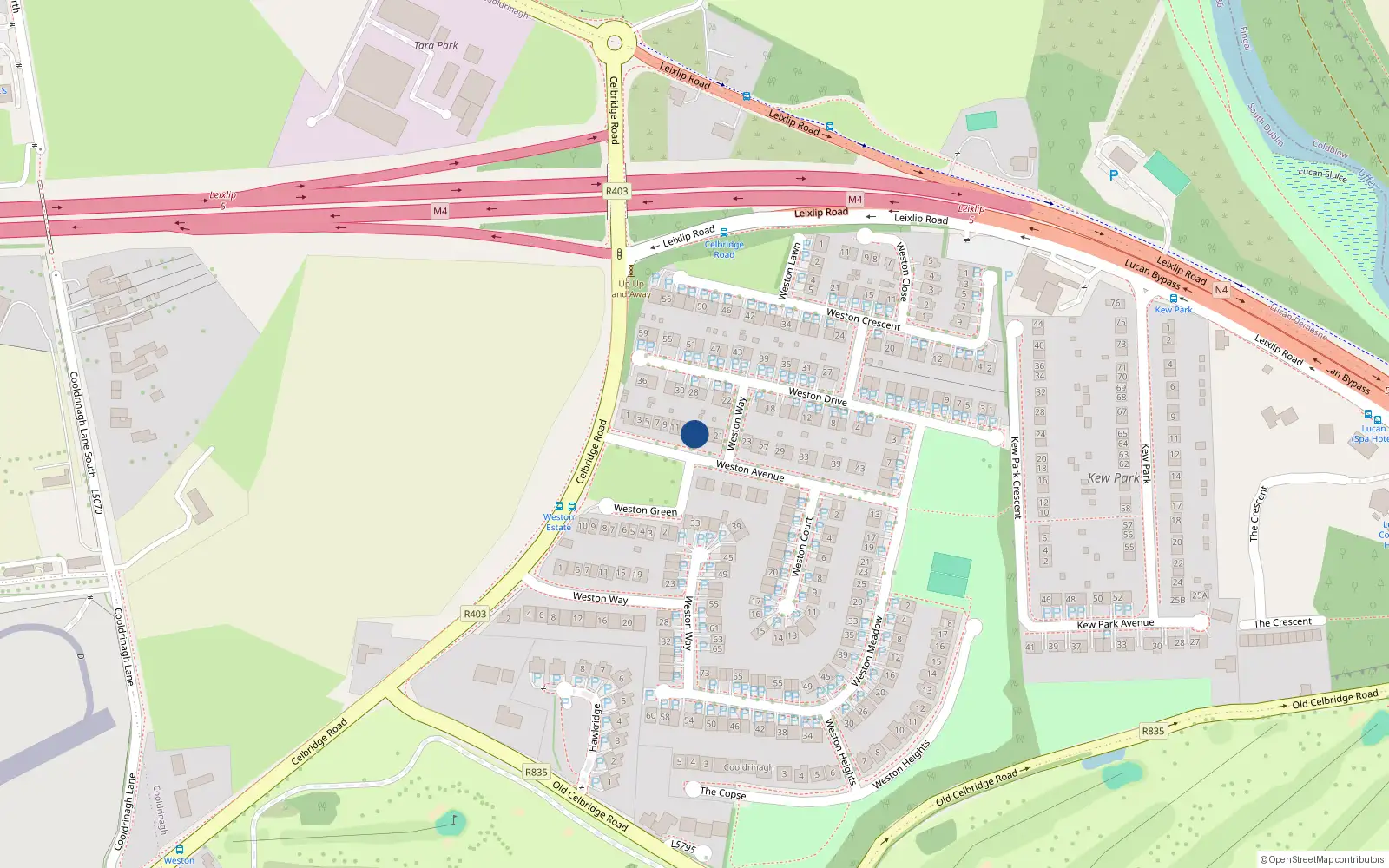 Overhead map showing the location of 15 Weston Avenue, Lucan