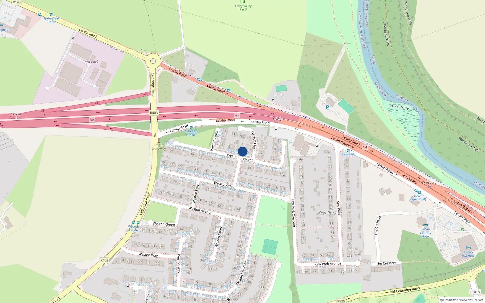 Overhead map showing the location of 15 Weston Crescent, Lucan