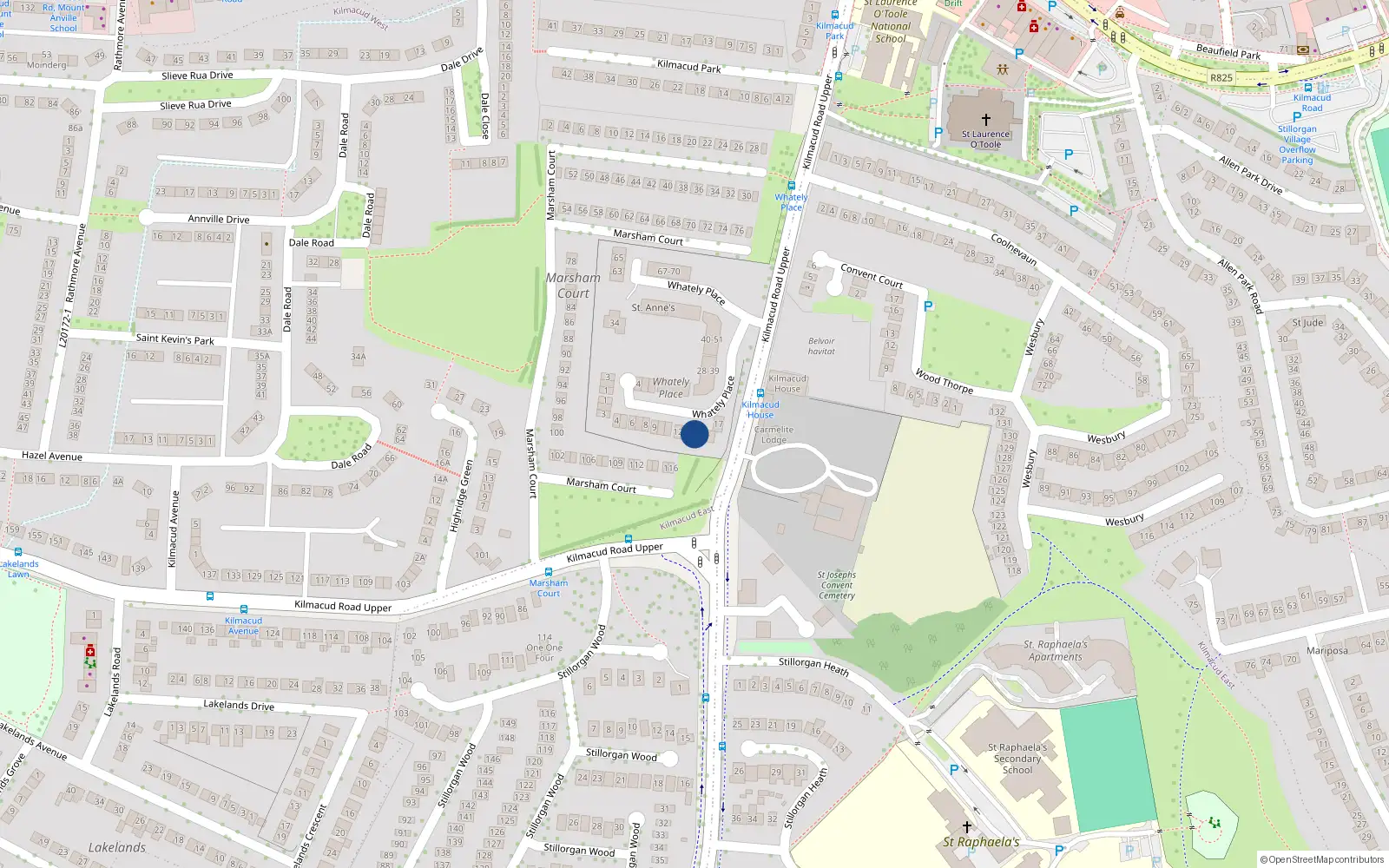 Overhead map showing the location of 15 Whatley Place, Stillorgan, Dublin