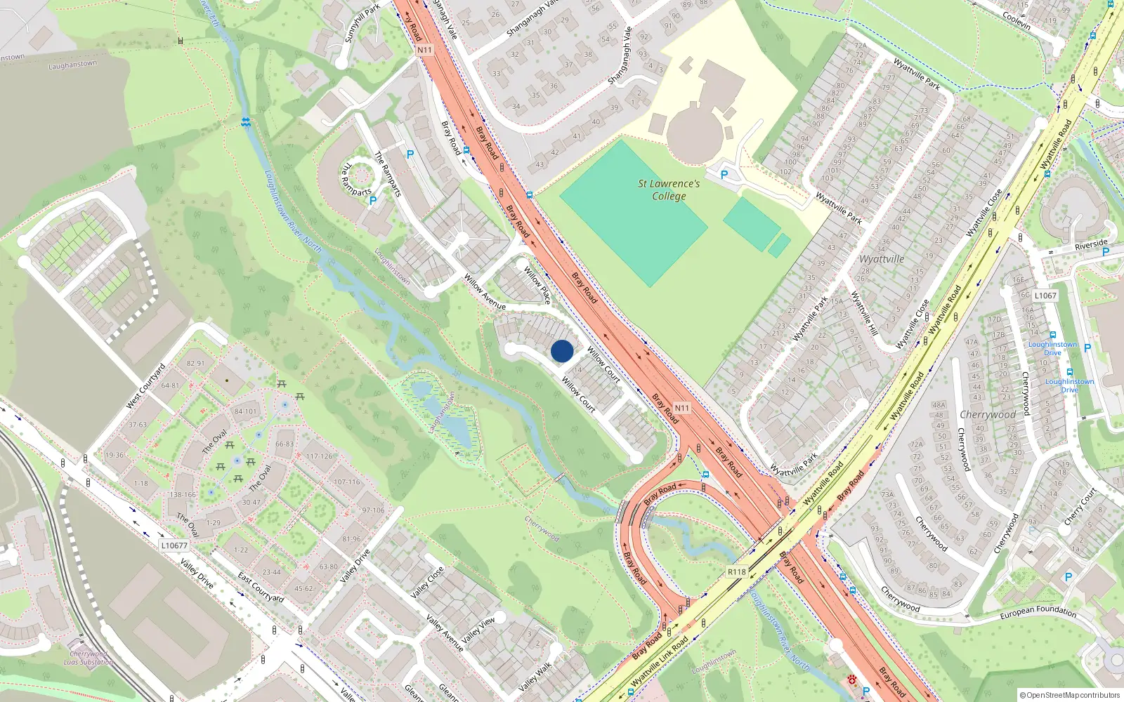 Overhead map showing the location of 15 Willow Court, Cabinteely