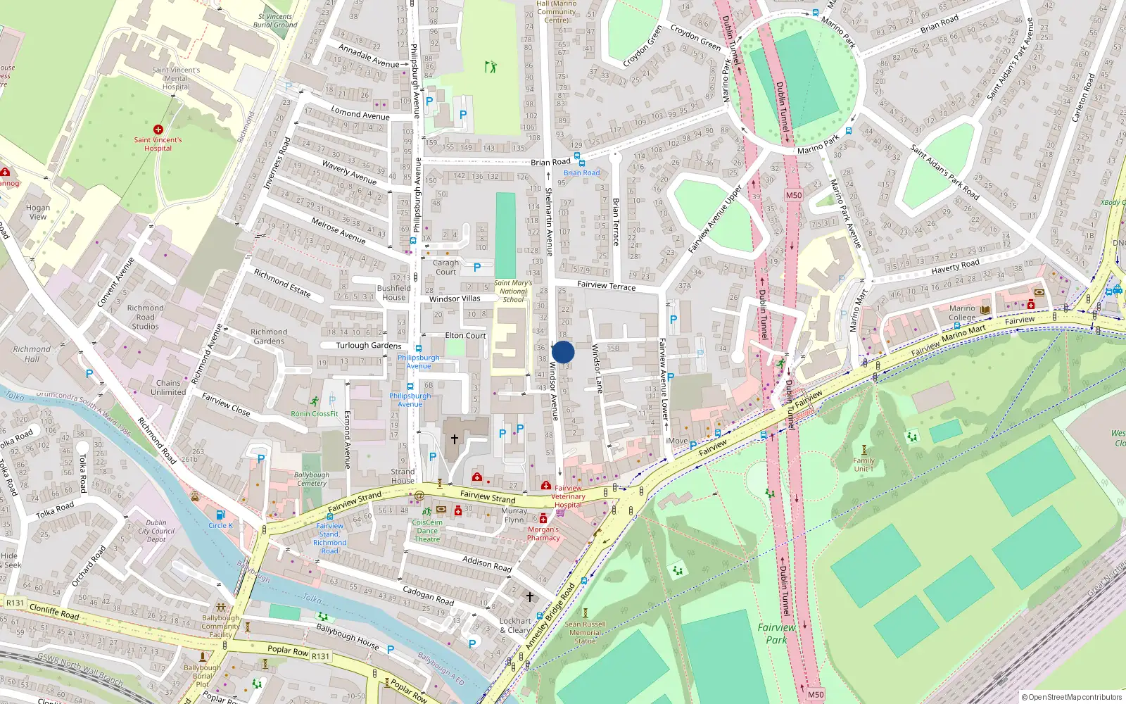 Overhead map showing the location of 15 Winsor Avenue, Fairview, Dublin 3
