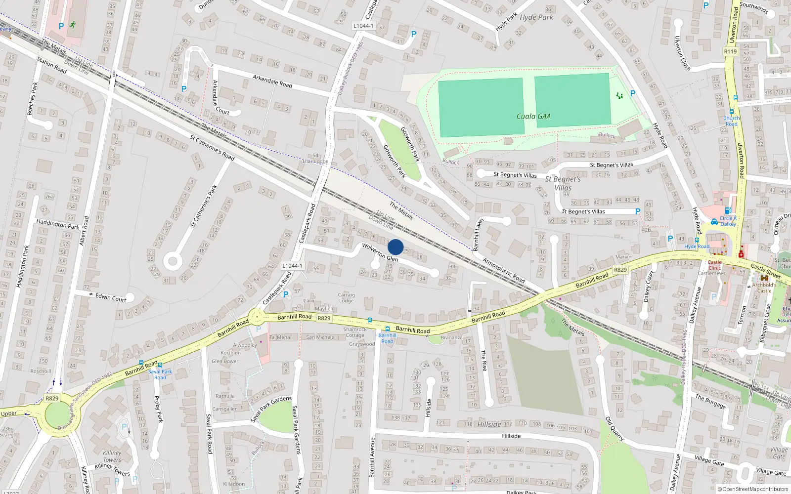 Overhead map showing the location of 15 Wolverton Glen, Castlepark Road, Dalkey