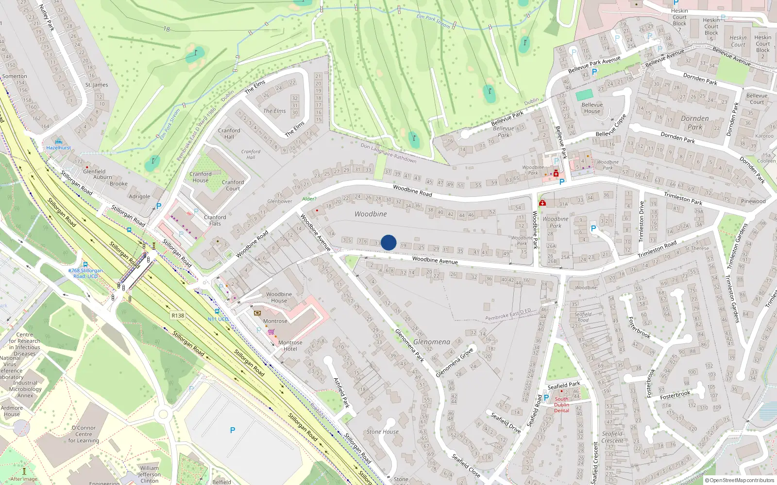 Overhead map showing the location of 15 Woodbine Avenue, Blackrock