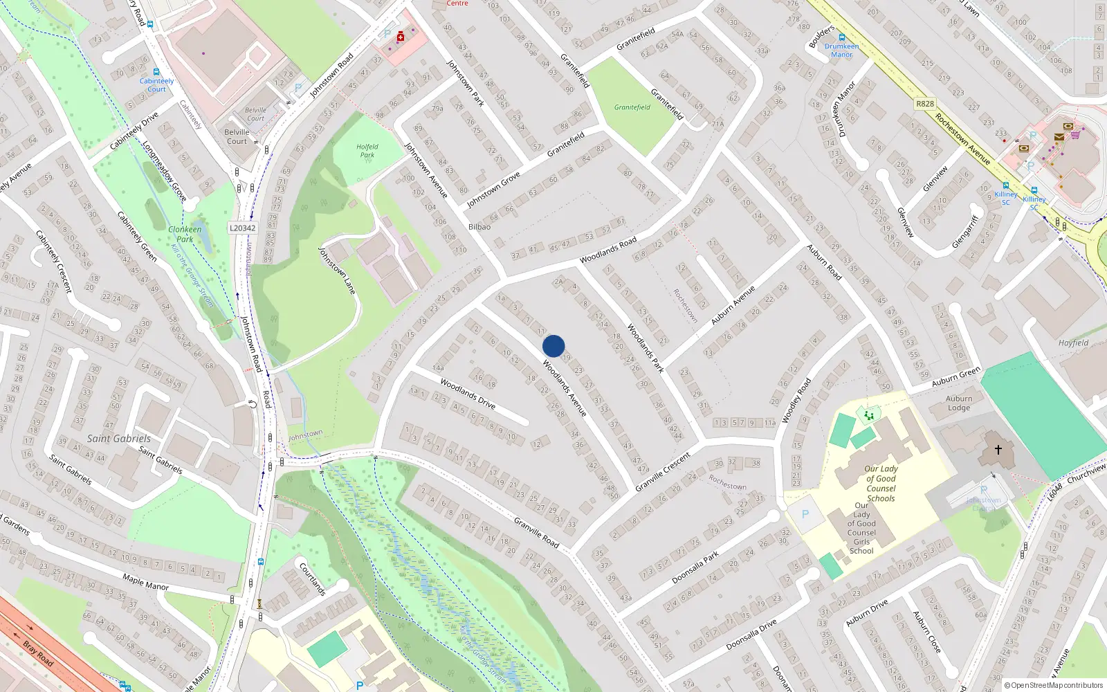 Overhead map showing the location of 15 Woodlands Avenue, Dun Laoghaire, Dublin