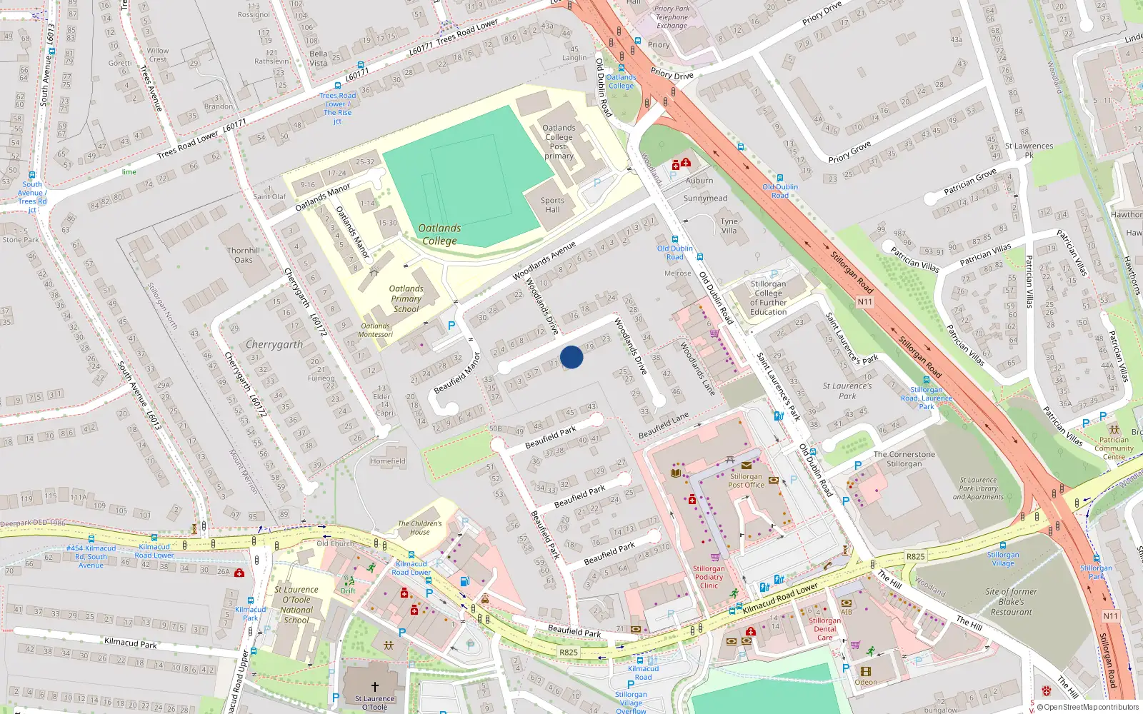 Overhead map showing the location of 15 Woodlands Drive, Stillorgan, Dublin