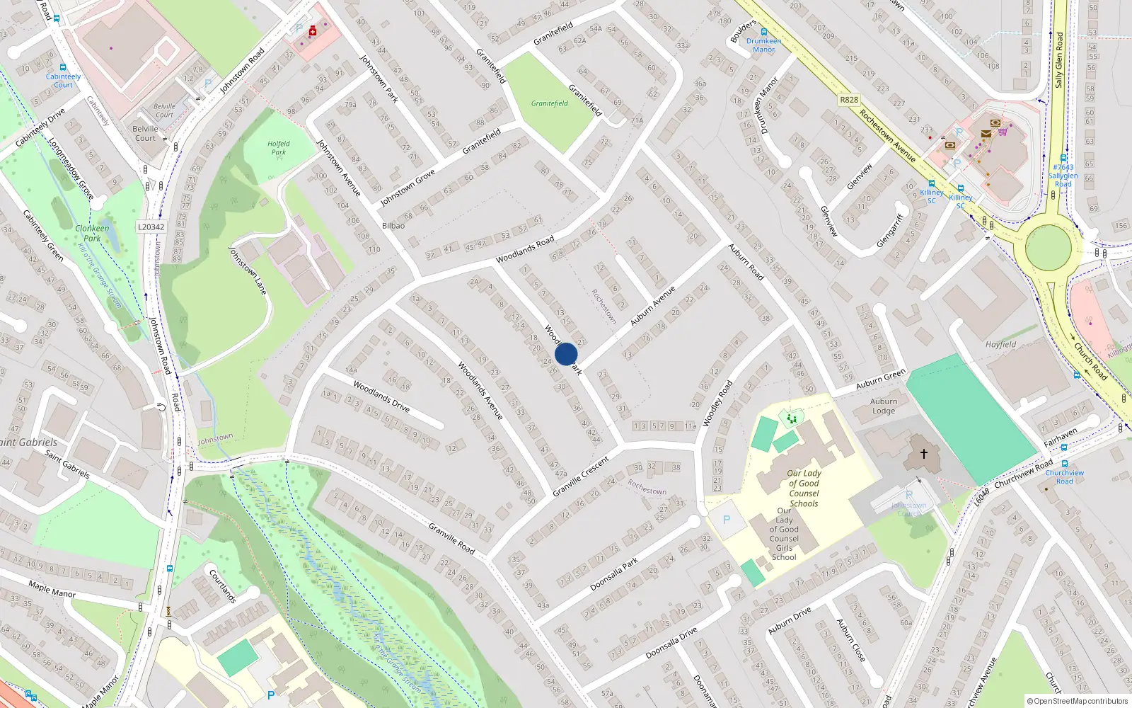 Overhead map showing the location of 15 Woodlands Park, Blackrock