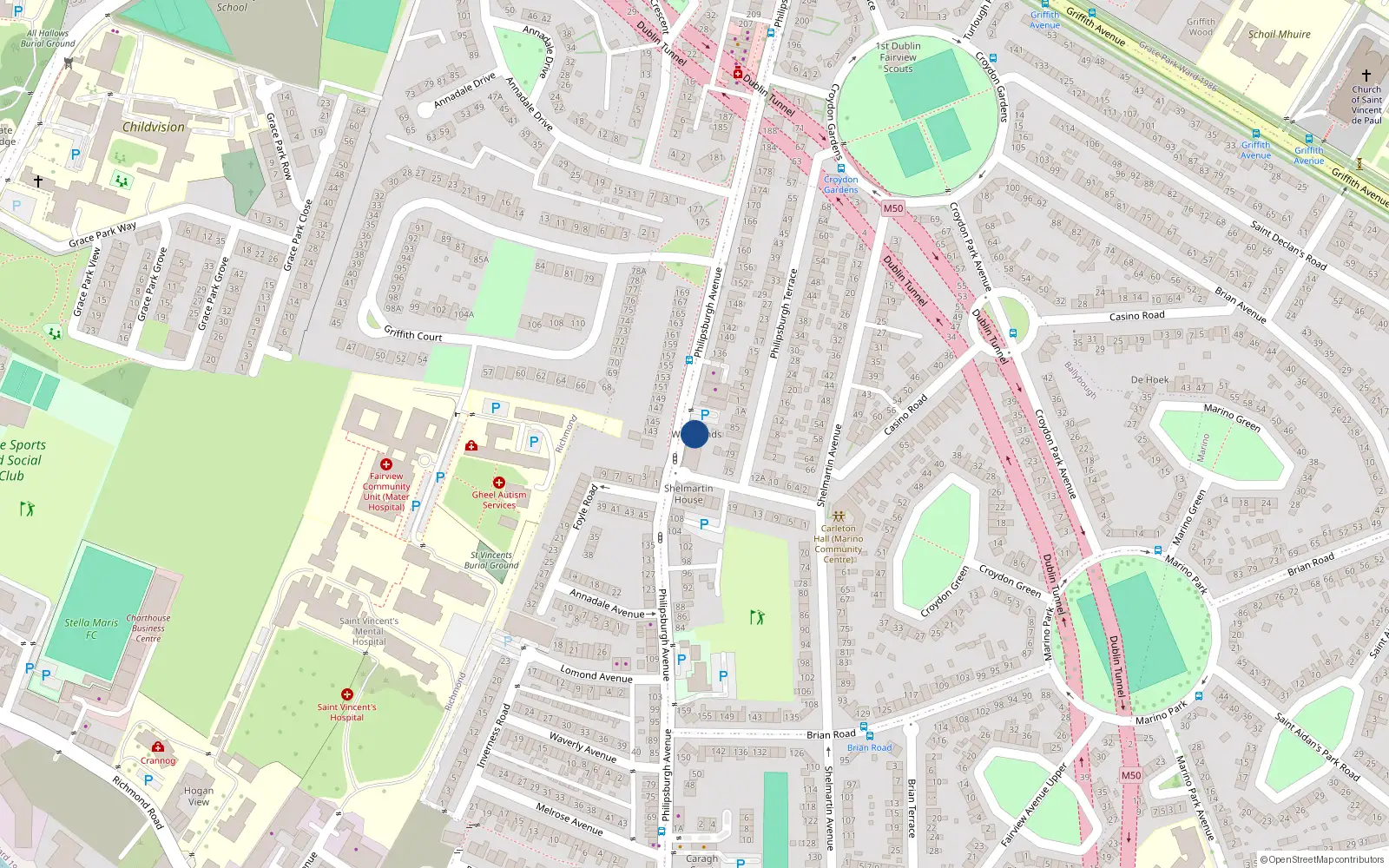 Overhead map showing the location of 15 Woodlands, Phillipsburg Avenue, Dublin 3