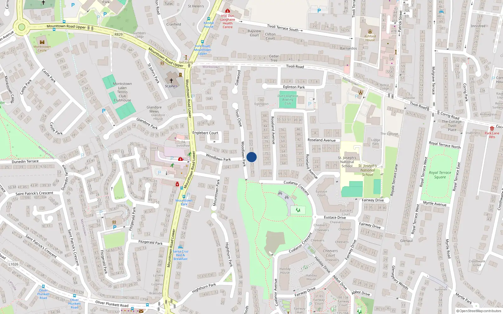 Overhead map showing the location of 15 Woodlawn Park, Dun Laoghaire, Dublin