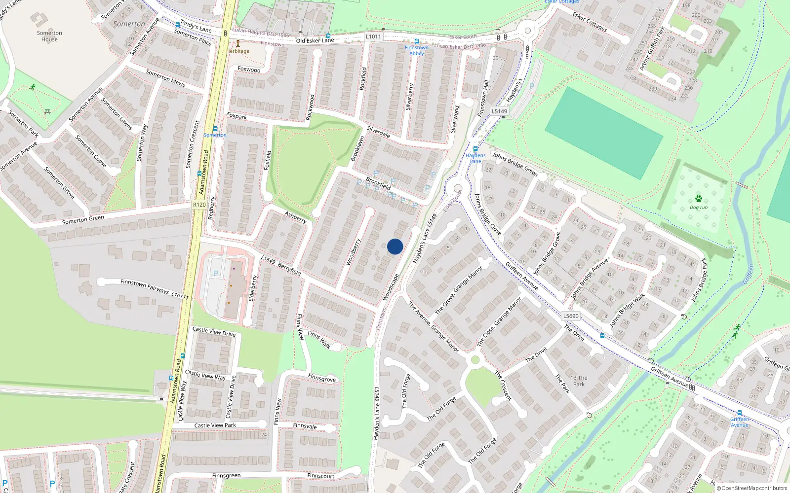 Overhead map showing the location of 15 Woodscape, Finnstown, Lucan