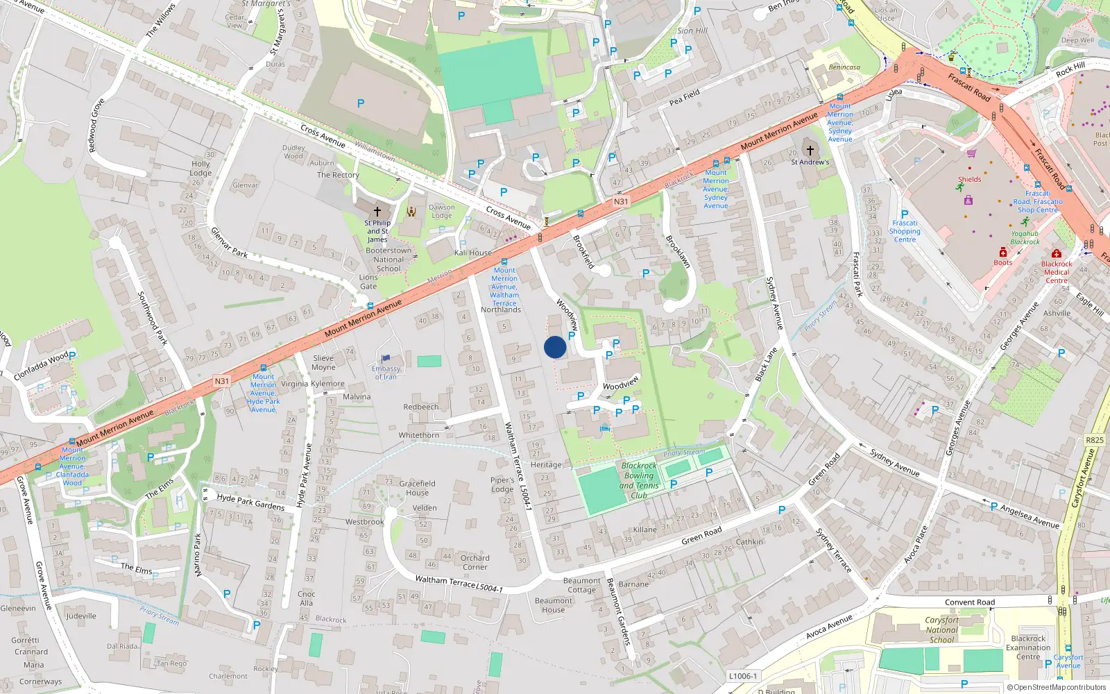 Overhead map showing the location of 15 Woodview, Mount Merrion Avenue, Blackrock