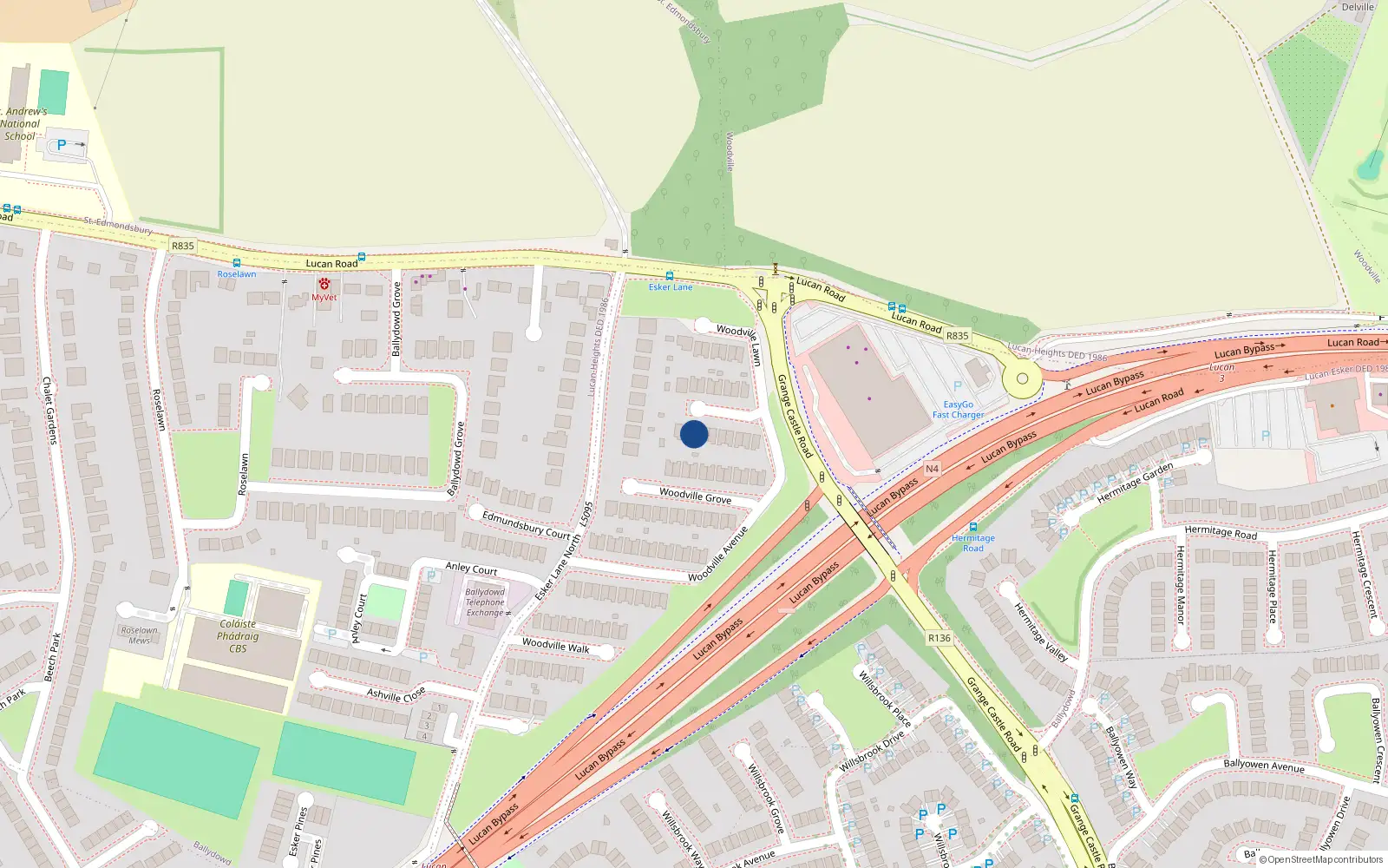 Overhead map showing the location of 15 Woodville Close, Woodville Downs, Lucan