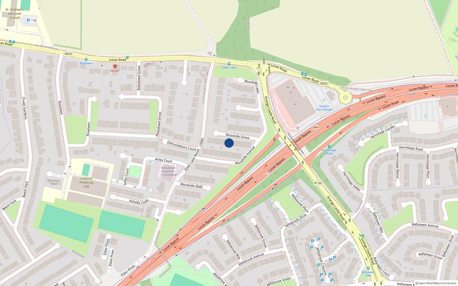 Overhead map showing the location of 15 Woodville Grove, Lucan
