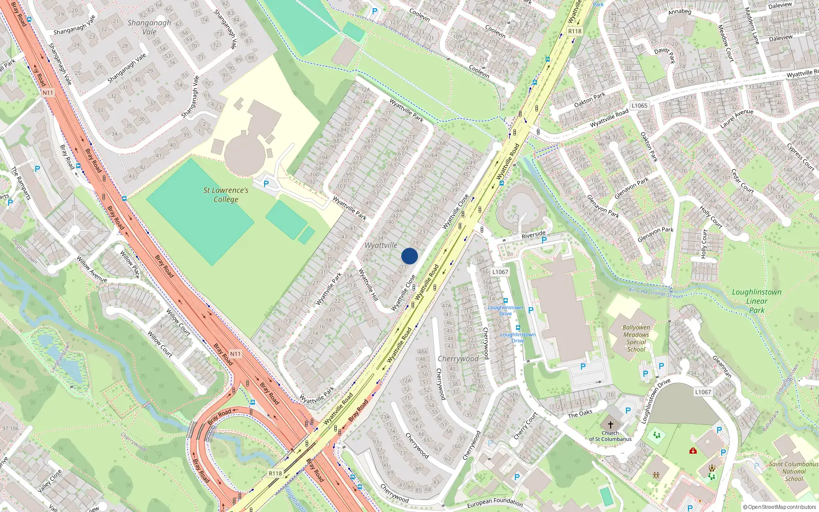 Overhead map showing the location of 15 Wyattville Close, Dublin