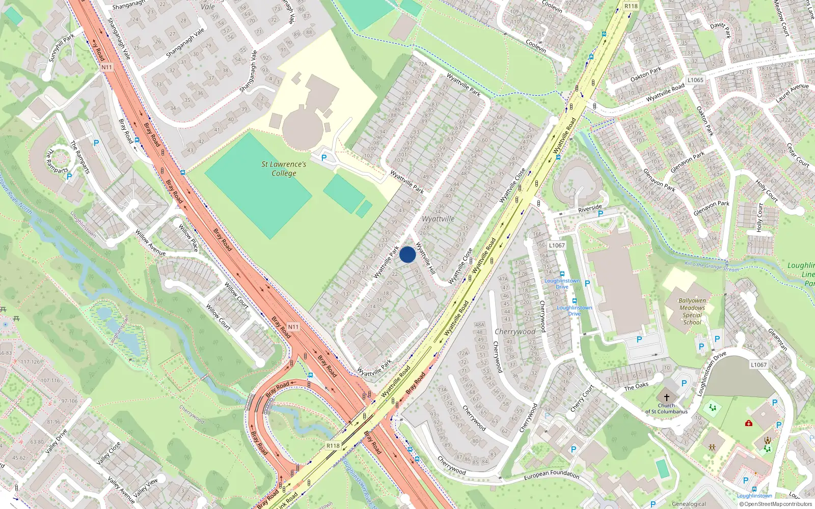 Overhead map showing the location of 15 Wyattville Hill, Dublin