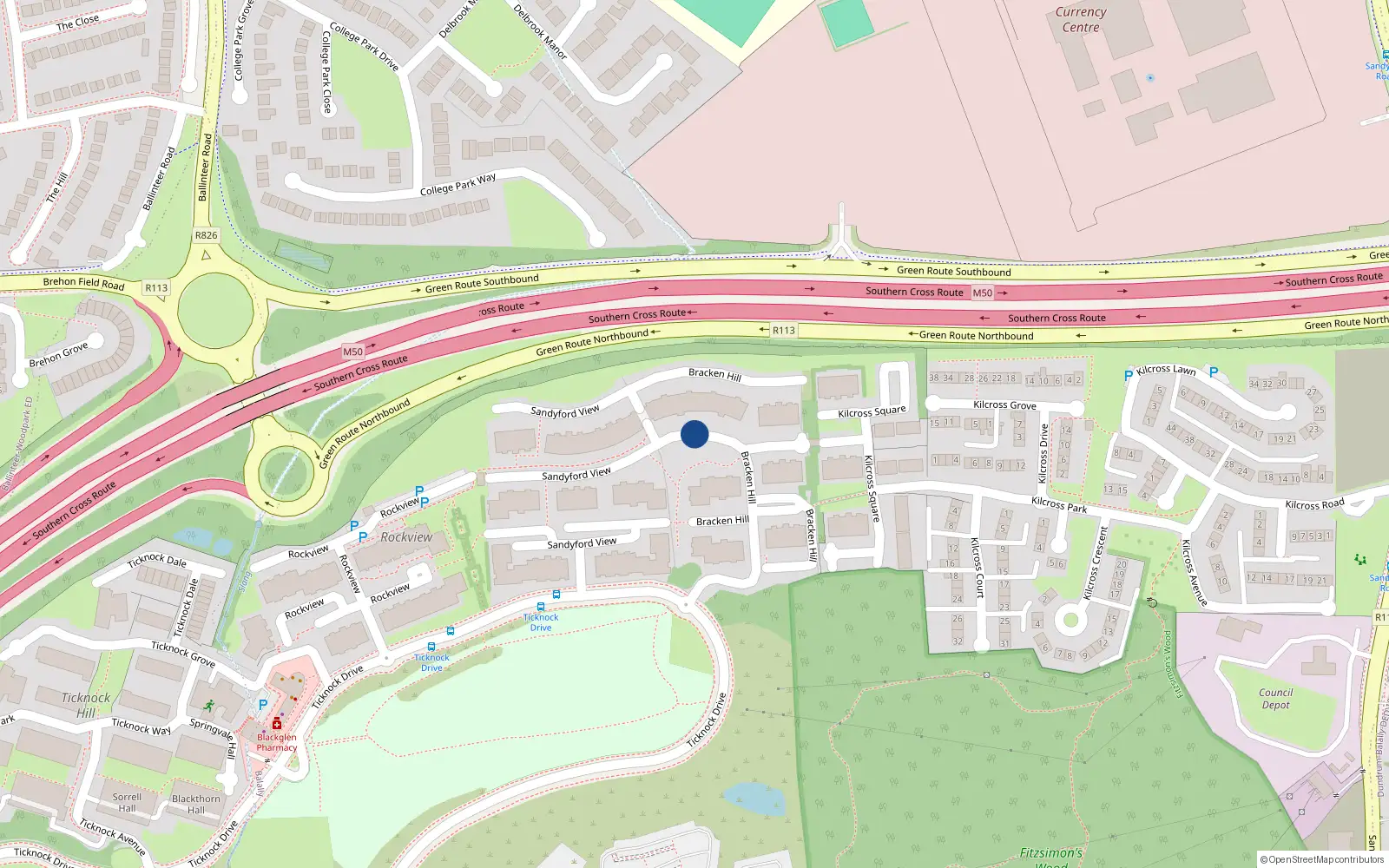 Overhead map showing the location of 150 Bracken Hill, Sandyford