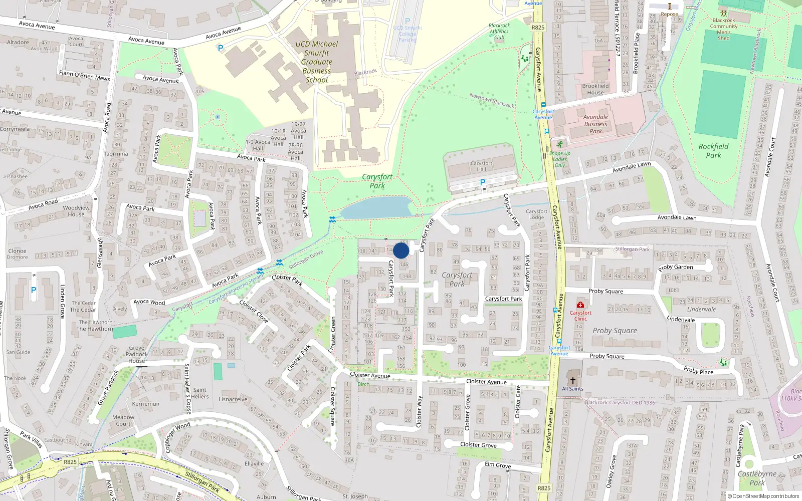 Overhead map showing the location of 150 Carysfort Park, Blackrock