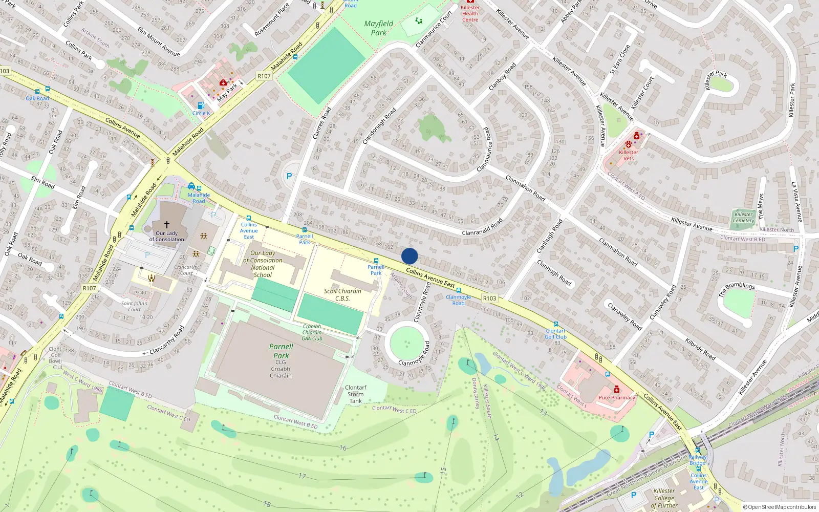 Overhead map showing the location of 150 Collins Avenue East, Dublin 5