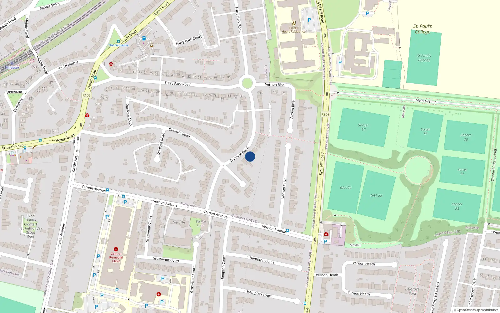 Overhead map showing the location of 150 Dunluce Road, Dublin 3