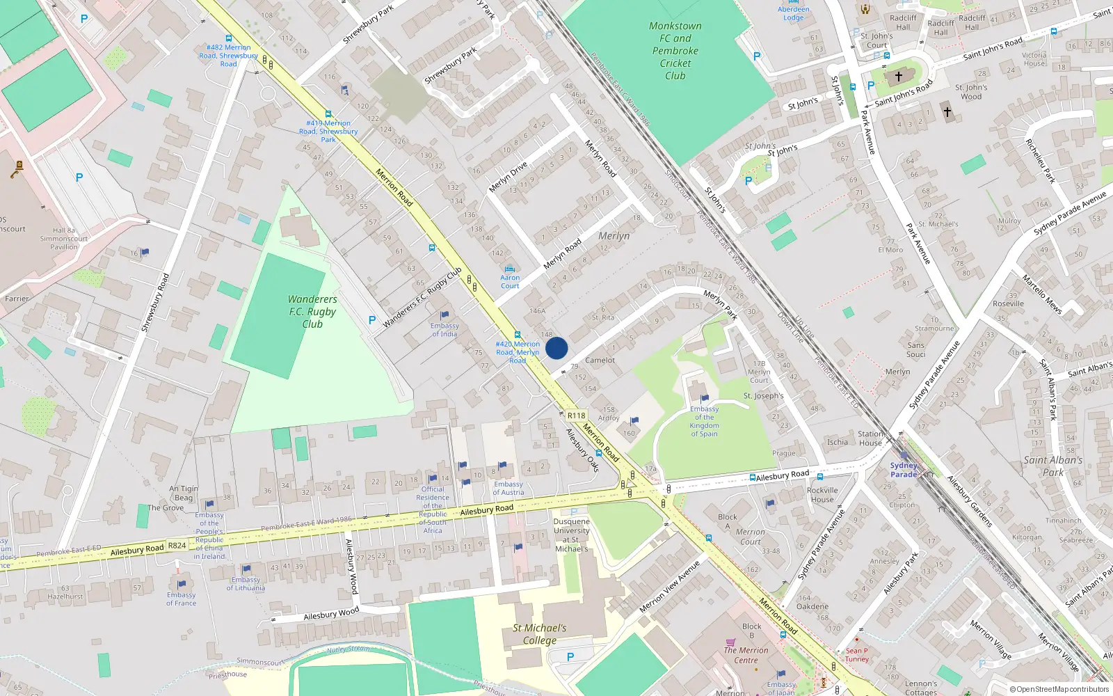 Overhead map showing the location of 150 Merrion Road, Ballsbridge