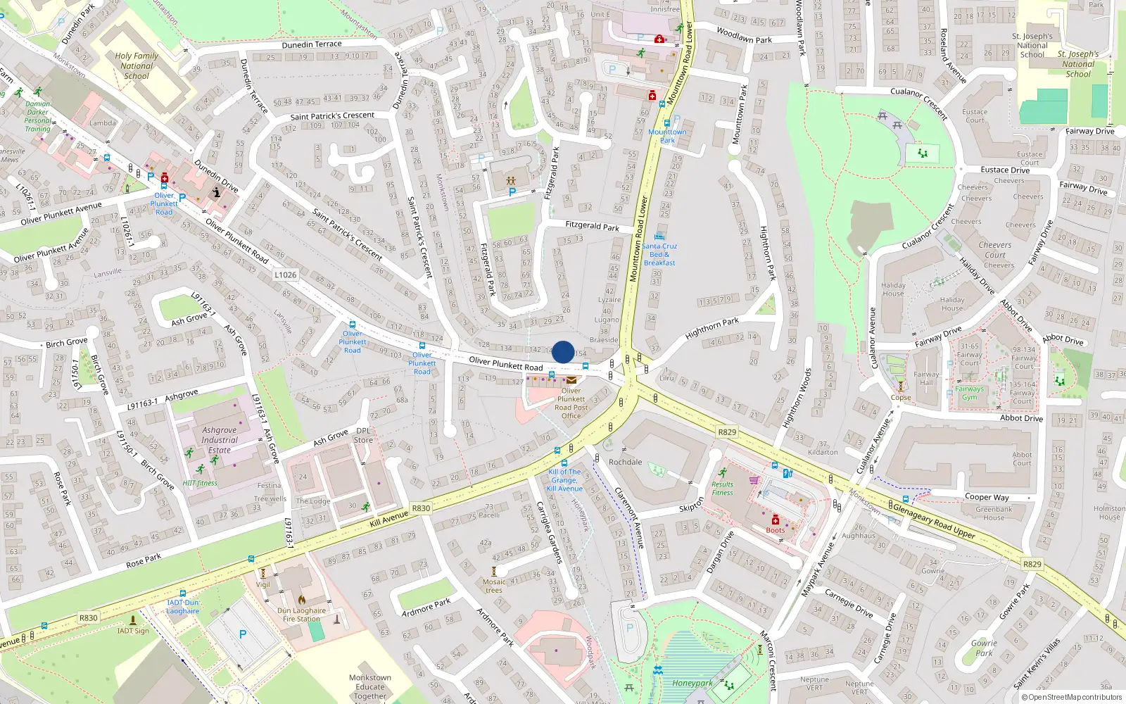 Overhead map showing the location of 150 Oliver Plunkett Road, Monkstown Farm, Dun Laoghaire
