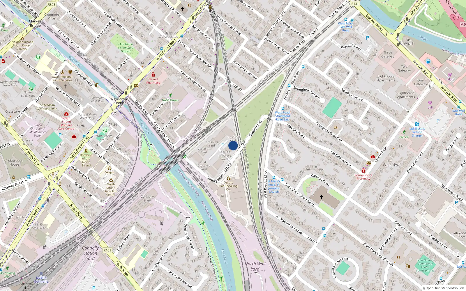 Overhead map showing the location of 151 Crosbies Yard, West Road, East Wall Dublin 3