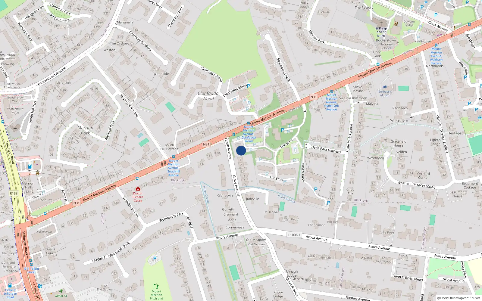 Overhead map showing the location of 151 the Elms, Mount Merrion Avenue, Blackrock