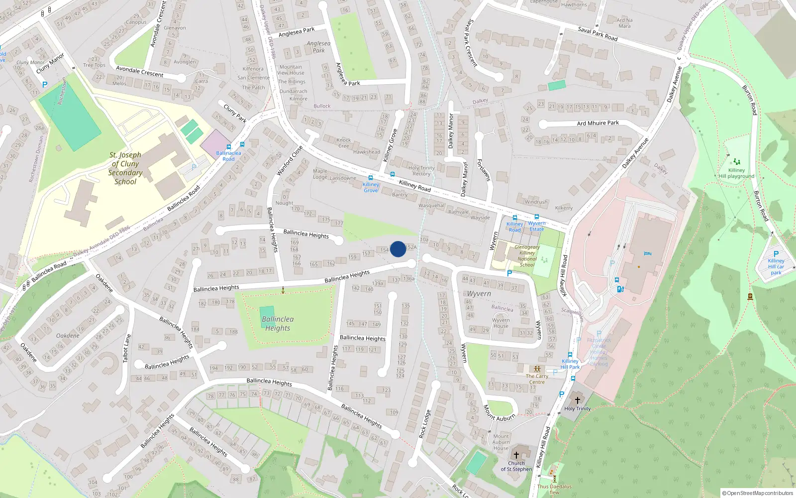 Overhead map showing the location of 152 Ballinclea Heights, Killiney