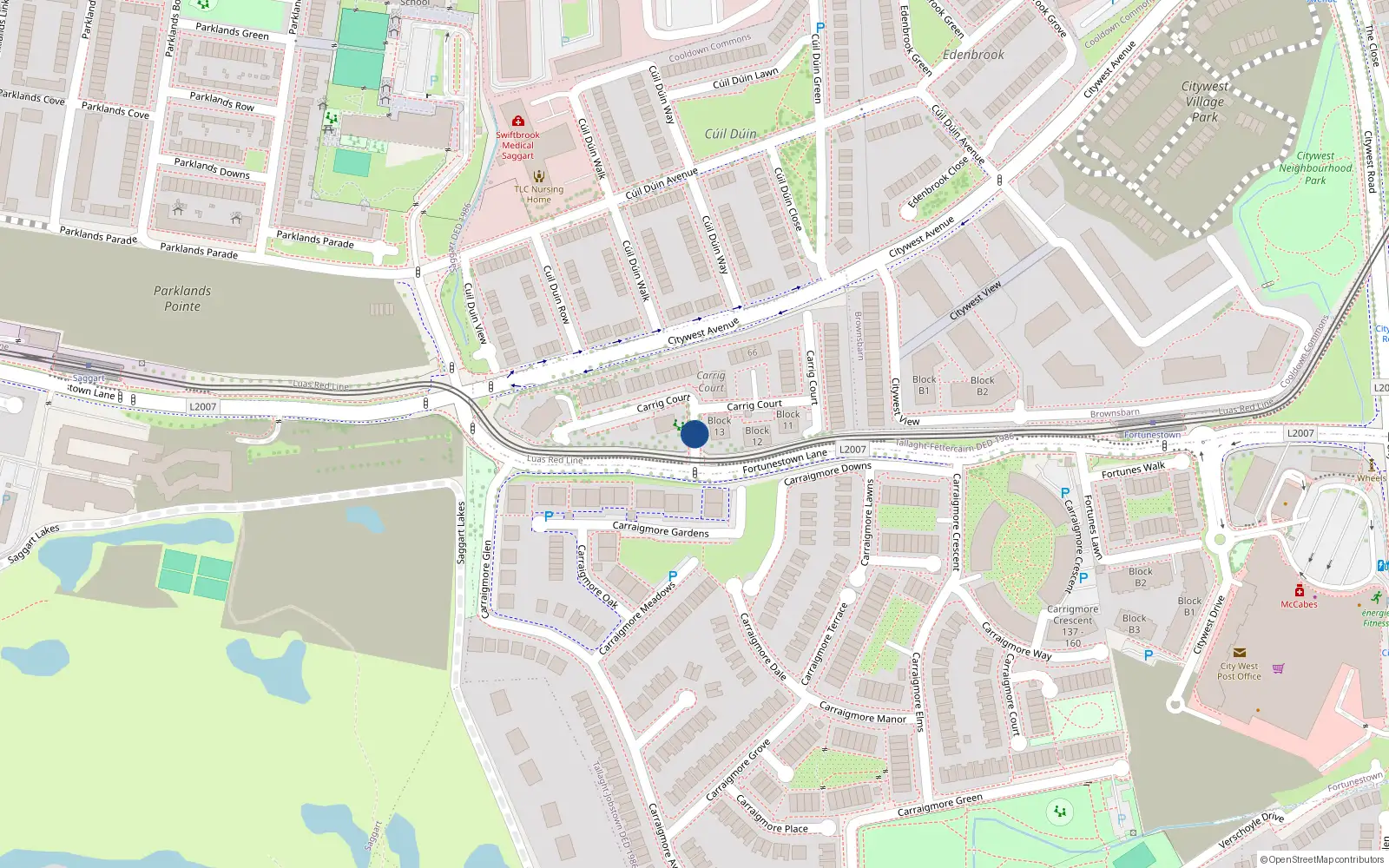 Overhead map showing the location of 152 Carrig Court, Dublin
