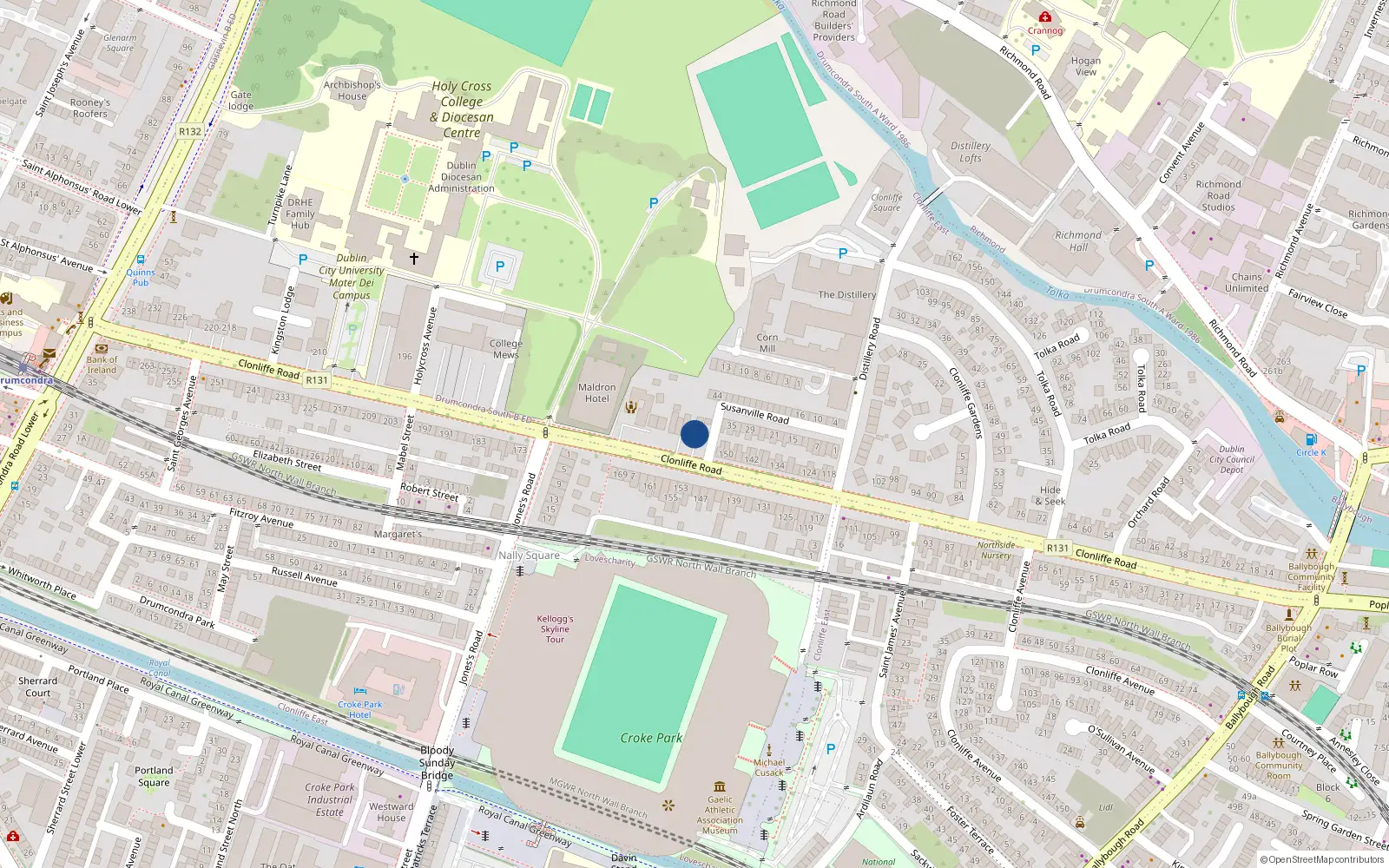 Overhead map showing the location of 152 Clonliffe Road, Dublin 3