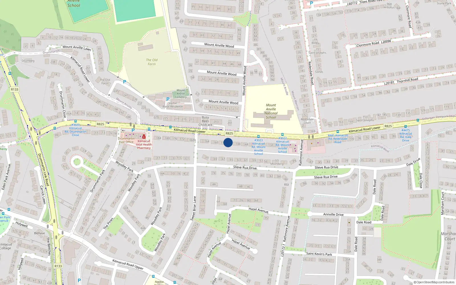 Overhead map showing the location of 152 Lower Kilmacud Road, Dublin