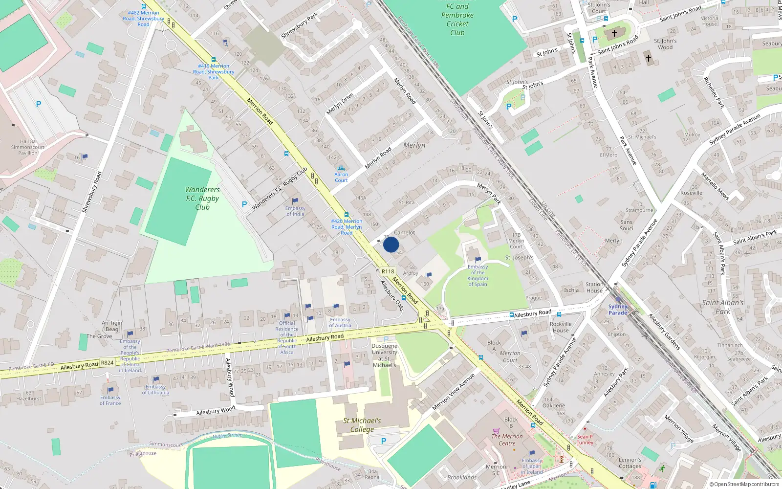 Overhead map showing the location of 152 Merrion Road, Ballsbridge