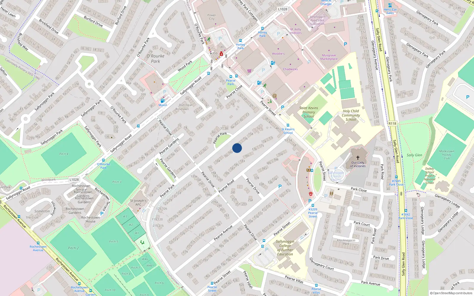 Overhead map showing the location of 152 Pearse Park, Sallynoggin