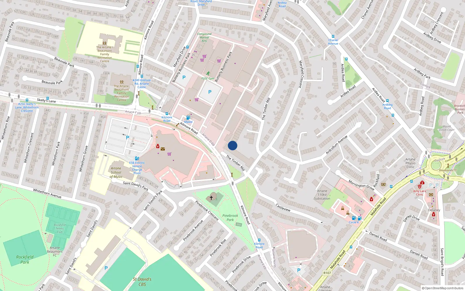 Overhead map showing the location of 152 Timbermills, Kilmore Road, Artane