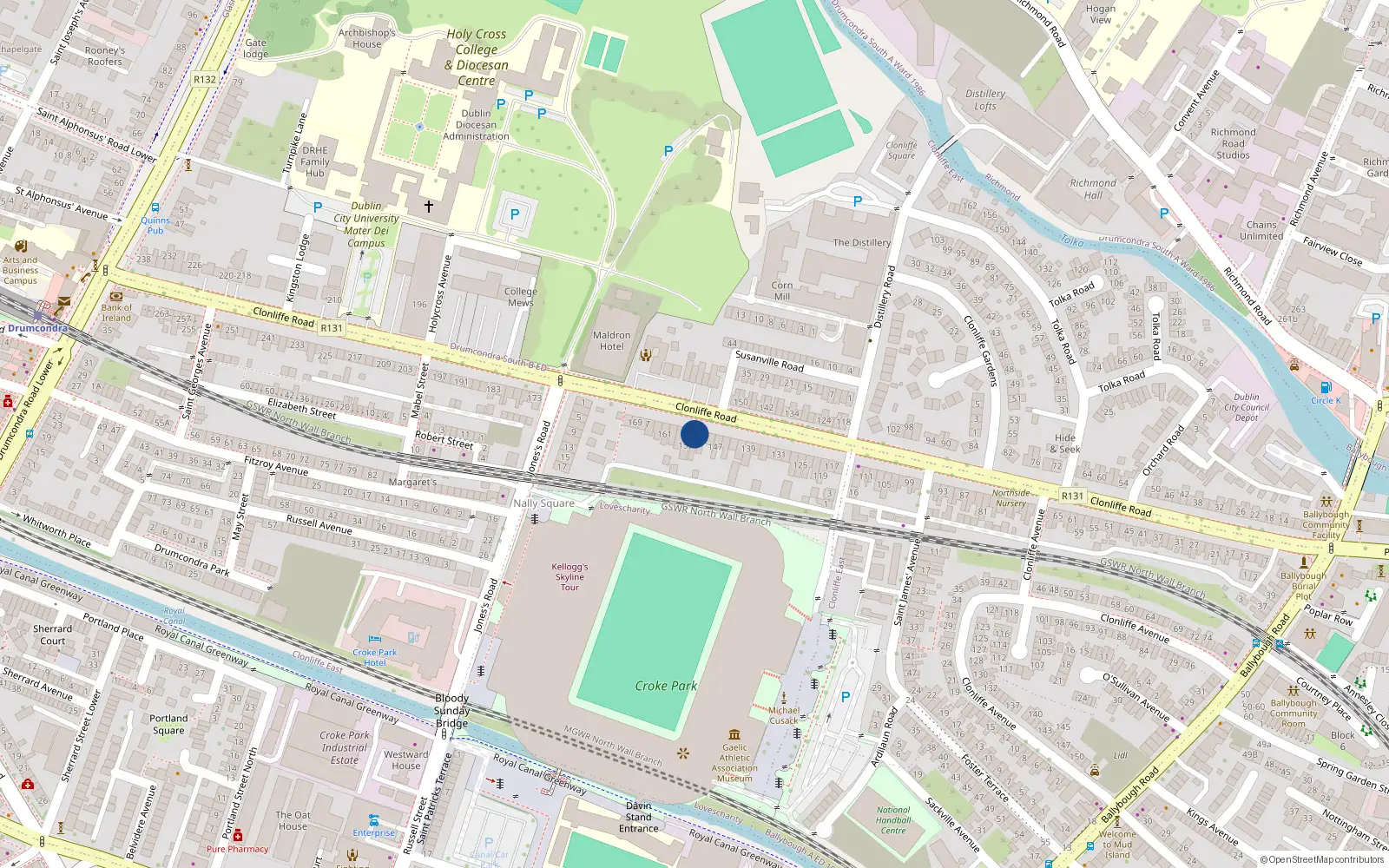 Overhead map showing the location of 153 Clonliffe Road, Drumcondra, Dublin 3