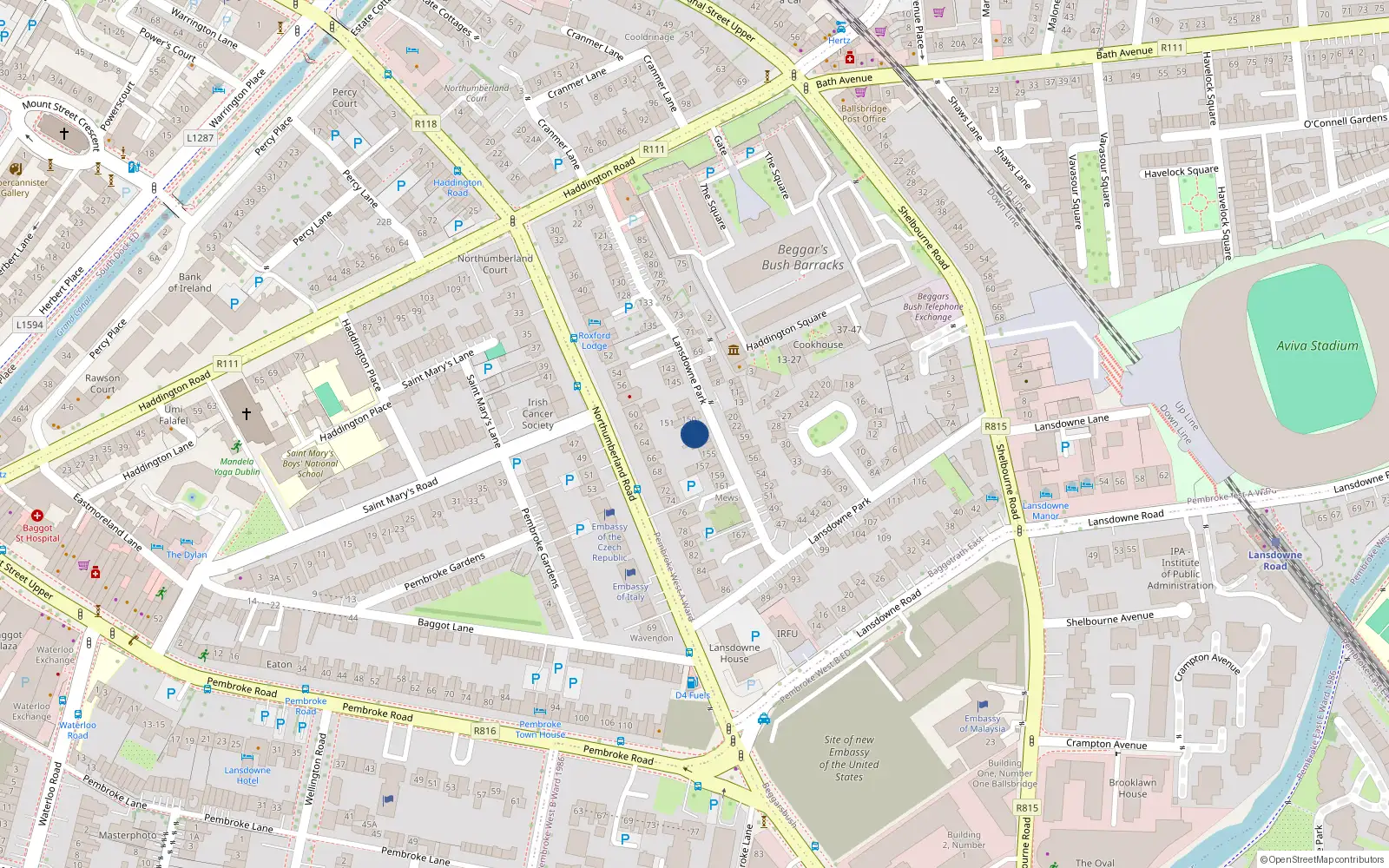 Overhead map showing the location of 153 Lansdowne Park, Dublin 4