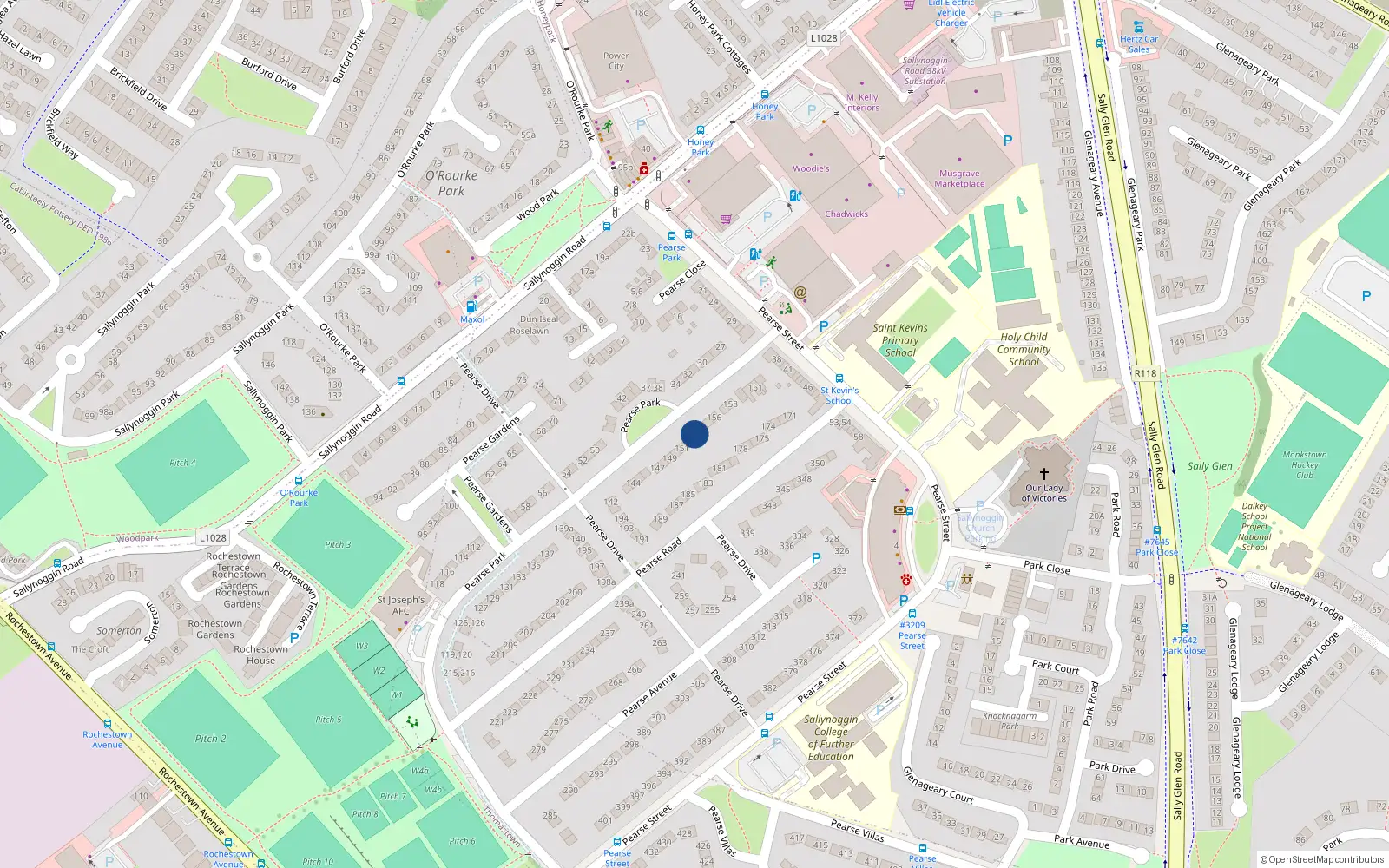 Overhead map showing the location of 153 Pearse Park, Sallynoggin, Co Dublin