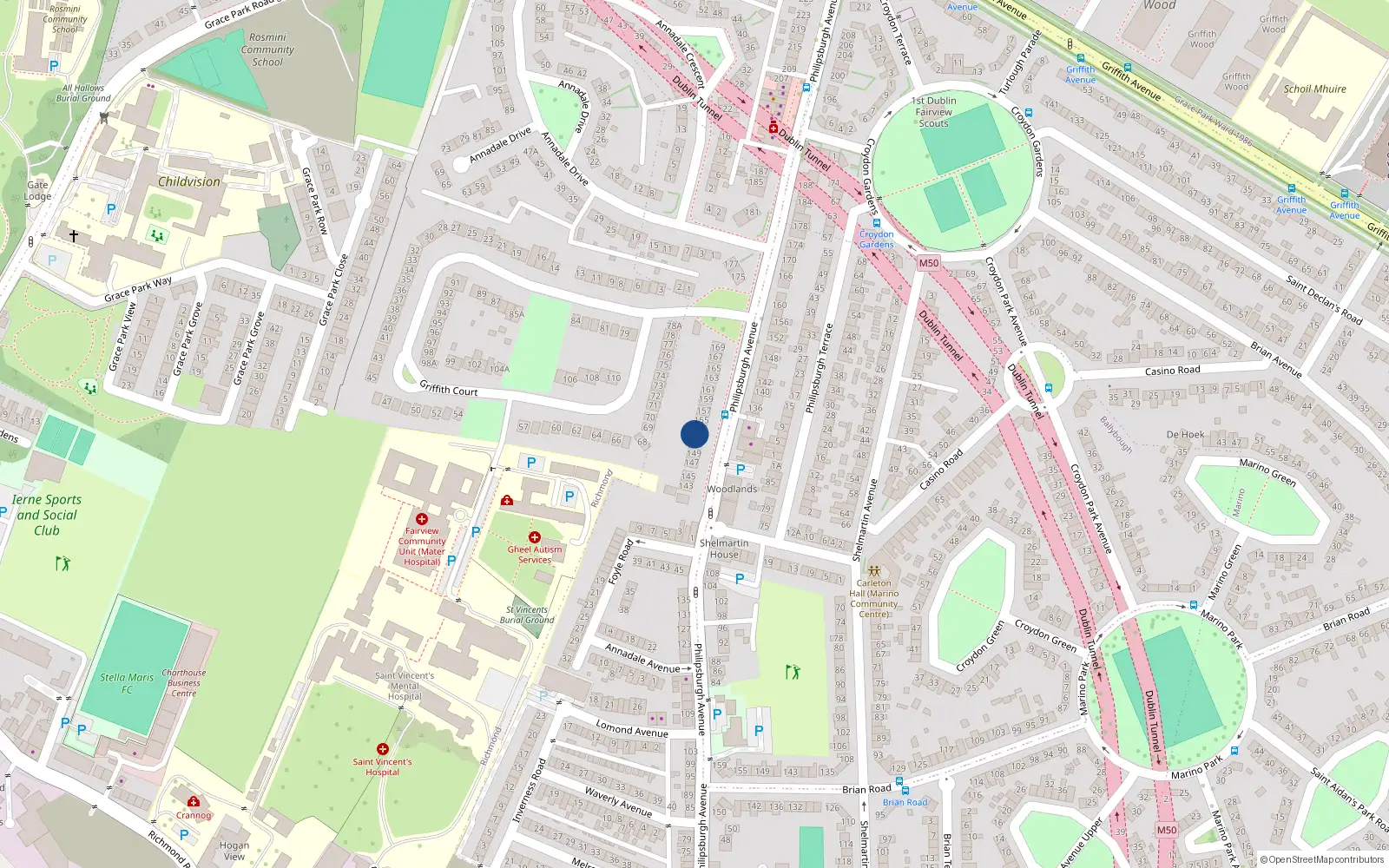 Overhead map showing the location of 153 Philipsburgh Avenue, Dublin 3, Dublin