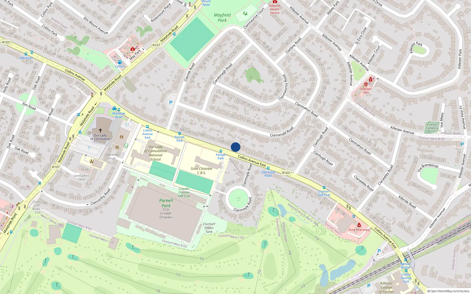 Overhead map showing the location of 154 Collins Avenue East, Donnycarney, Dublin 5